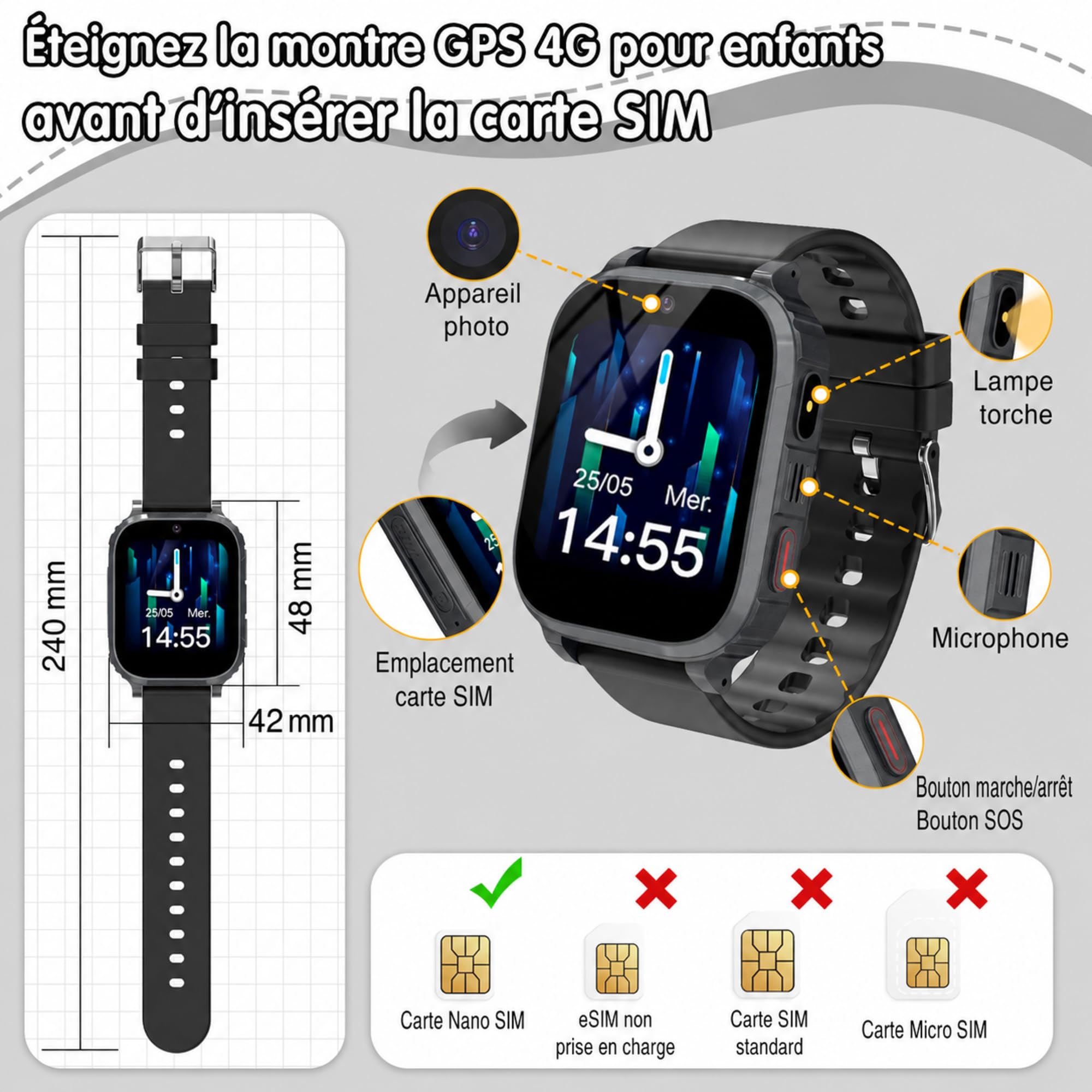 Montre Connectée Enfant 4G avec GPS et Appel Vidéo, Montre Téléphone Enfant avec SOS, Localisation en Temps Réel, Mode Classe, Appareil Photo, Jeux, Réveil, Étanche IP68, Cadeau Fille Garçon 4-15 Ans