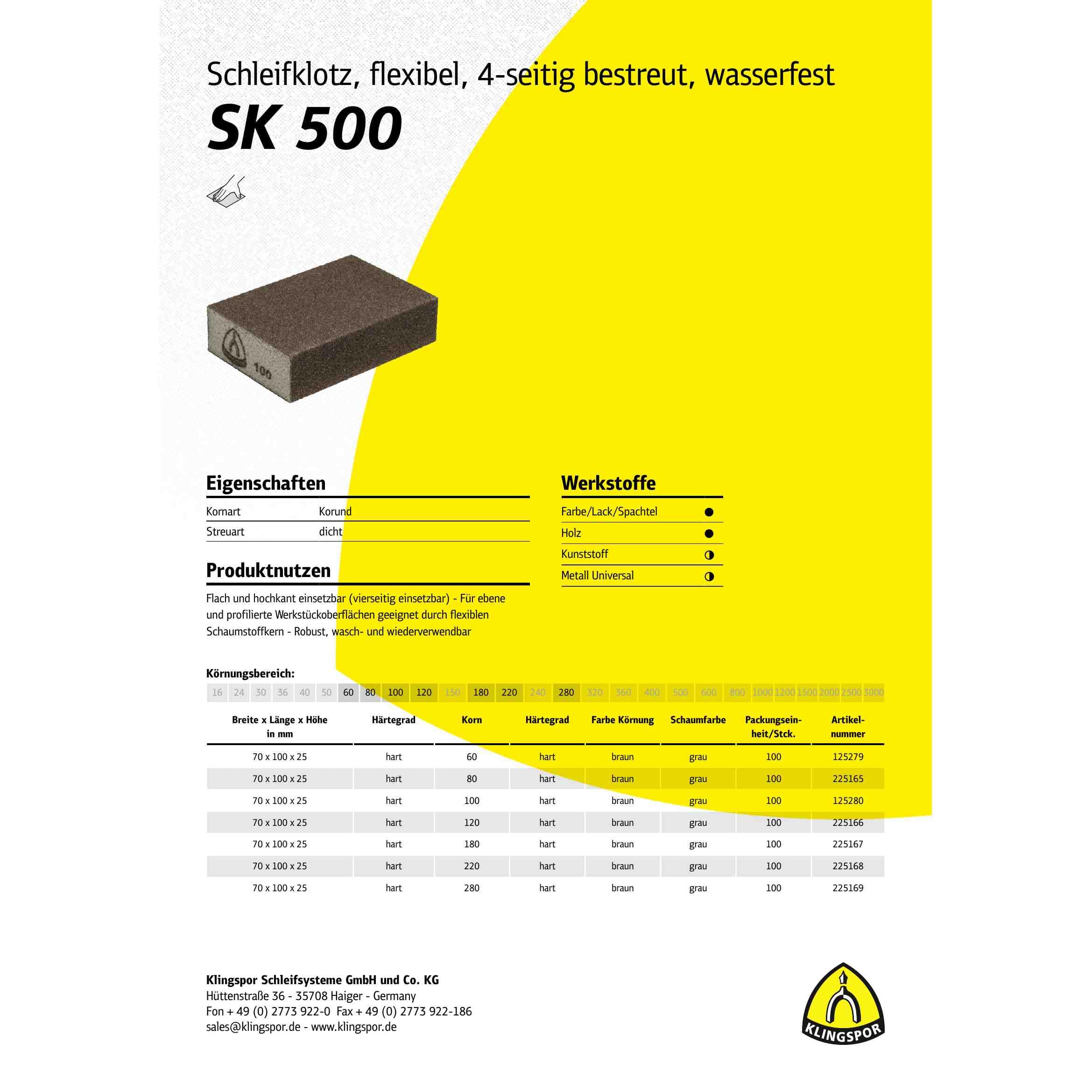 100 x Klingspor SK 500 Schleifklotz Korund, 100 x 70 x 25 mm Korn 100 Art.: 125280