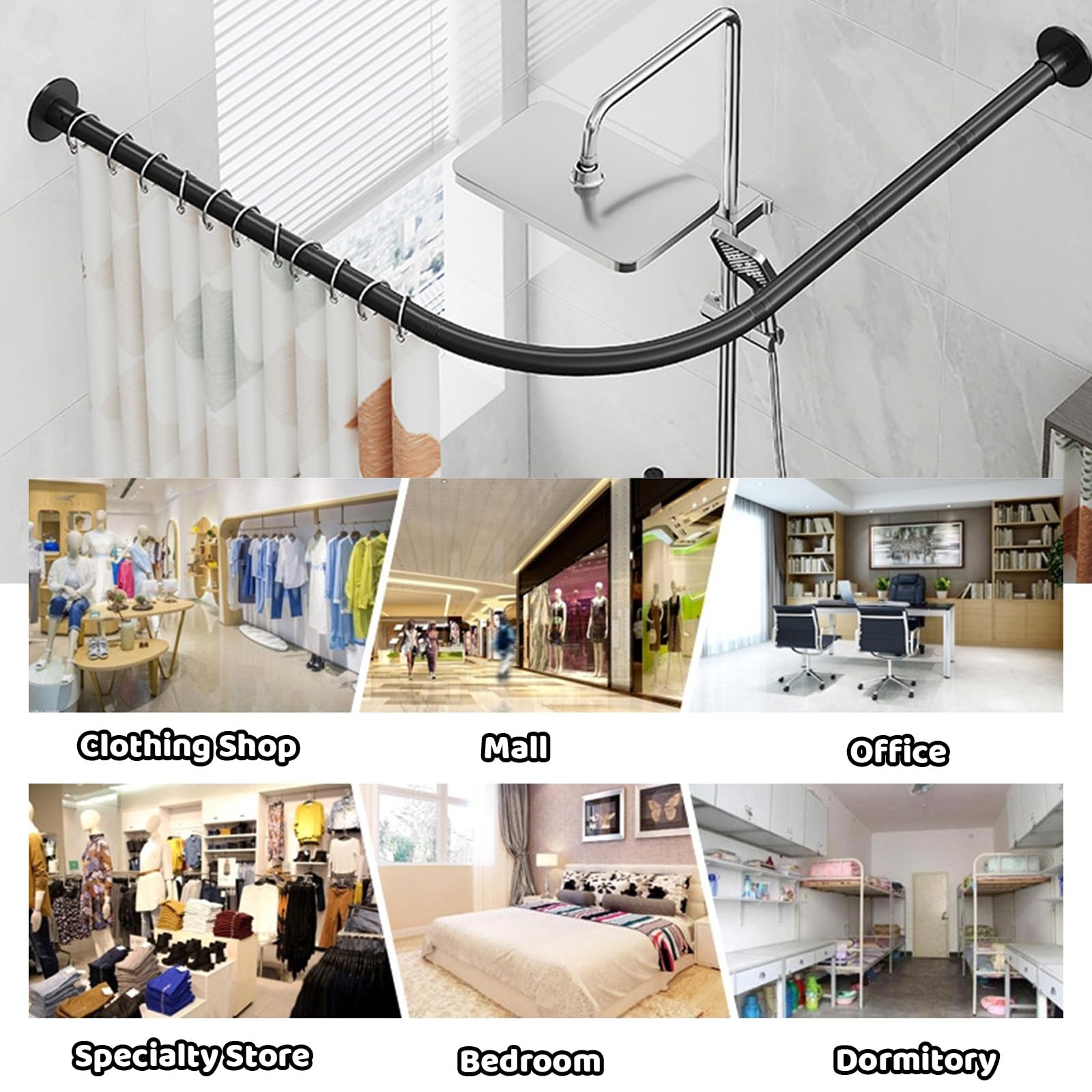 Barra de cortina de ducha de esquina negra de metal para vestidor, divisores montados en la pared para dormitorio y spa, 120 cm, diseño duradero y elegante