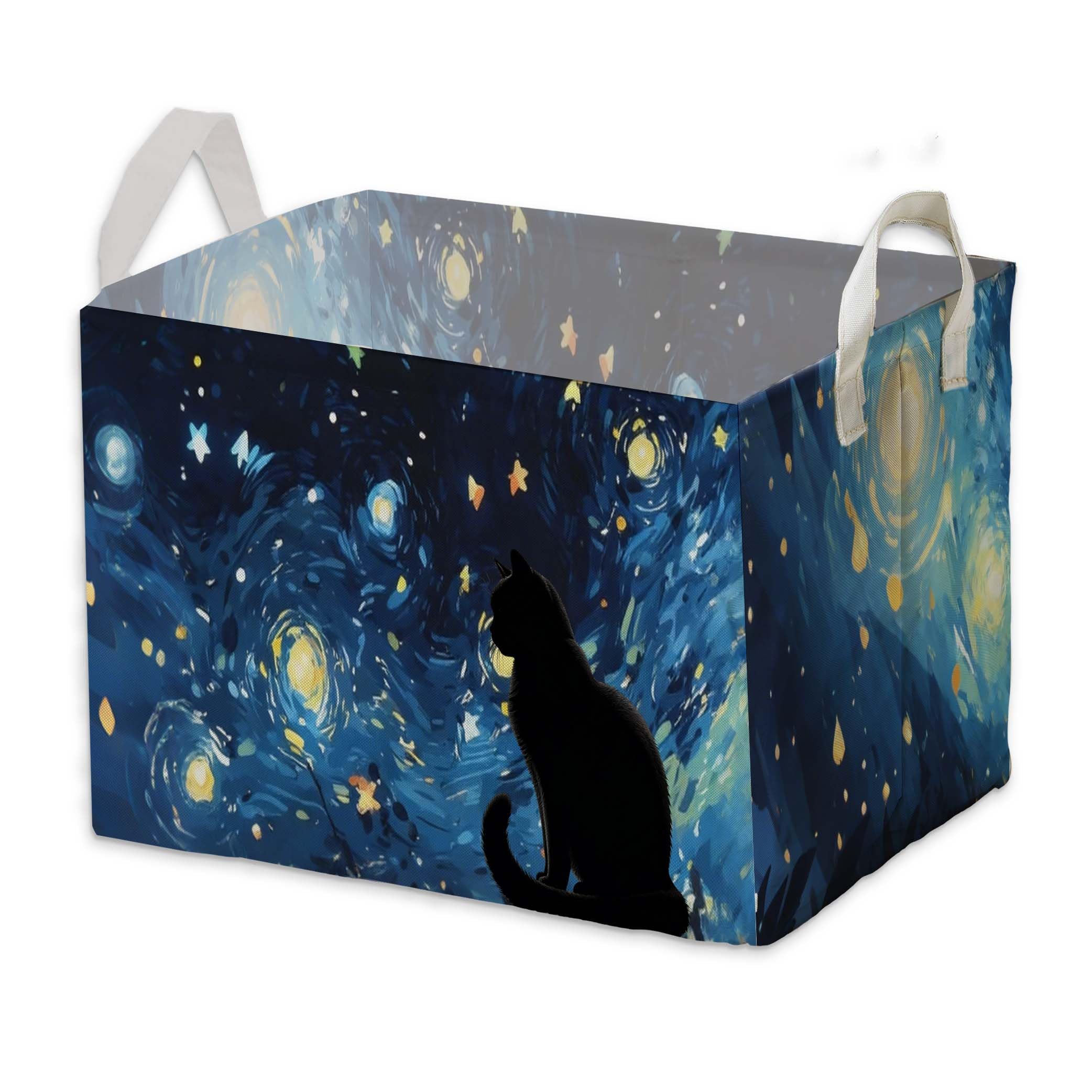 Starry Night Black Cat Toy Basket, Closet Shelf Organizer Baskets for Nursery Decor, Bathroom, Bedroom, Home Decor Gift Basket Large Squarecanvas Laundry Hamper With a Waterproof PE Coating, Foldable
