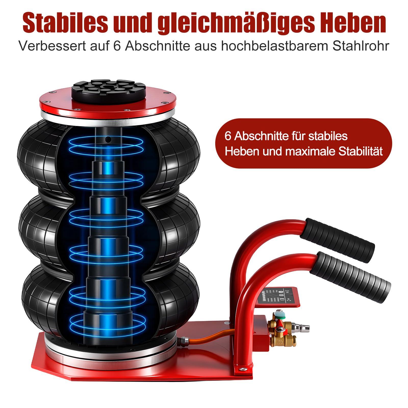 Pneumatischer Wagenheber 3 t – Triple Bag Air Jack mit kurzem Griff, Dreifachbeutel-Luftheber 140–450 mm Hubhöhe, Airbag-Luftwagenheber mit Schnellhub (5 Sek.), Stabil & Arbeitssparend