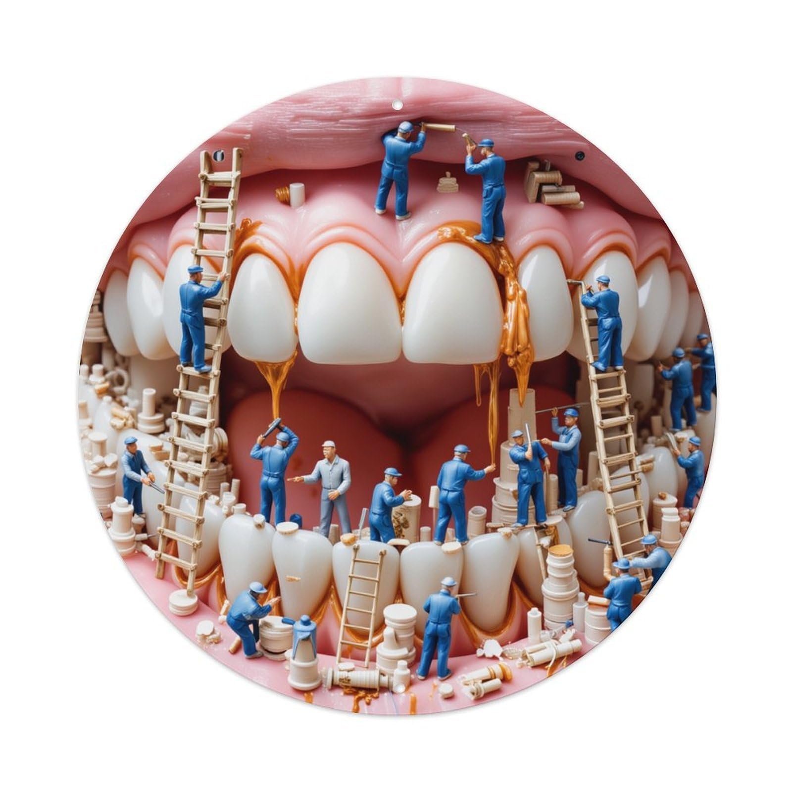 Tooth Repair Workers Ladder Tools Round Tin Sign Retro Metal Sign for Cafe Bar Pub Home Game Room Gym Club Wall Decoration Vintage Metal Poster 8x8 Inch