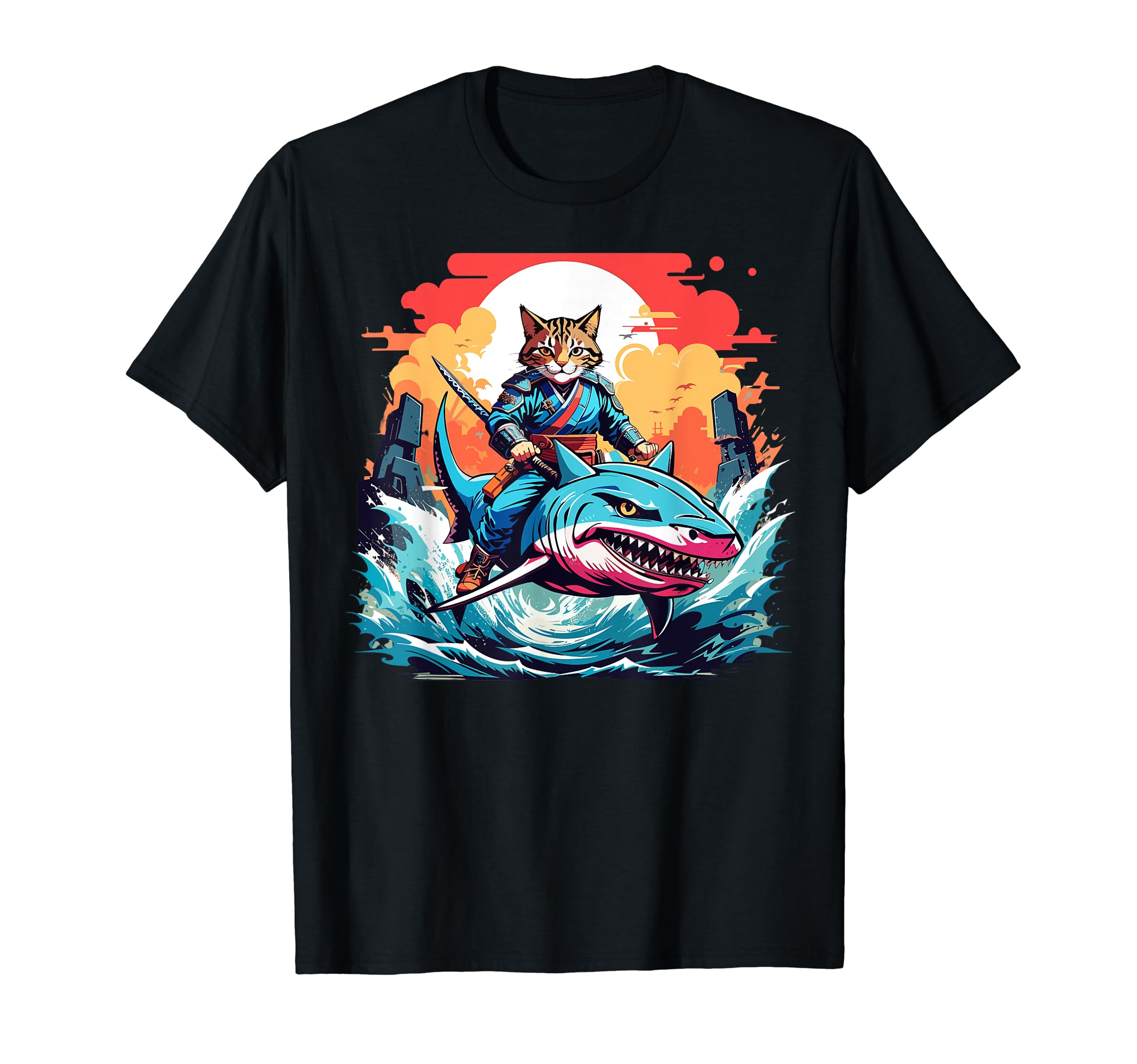 Cat Samurai Riding Shark Japanese Wave Cat Lover T-Shirt