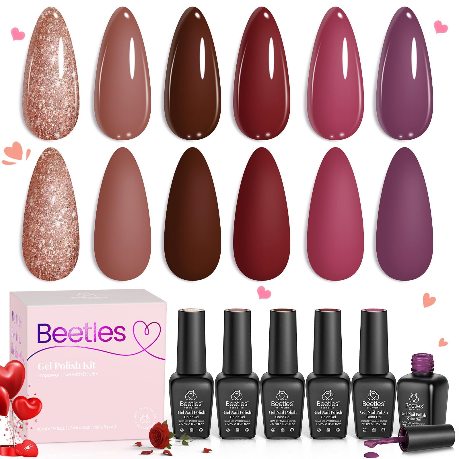 Beetles Gel Nail Polish Set Plum Burgundy Red Brown Glitter 6Pcs Gel Polish Kit Soak Off UV LED Nail Lamp Art Manicure Salon DIY Home Gifts for Women Silent Flower