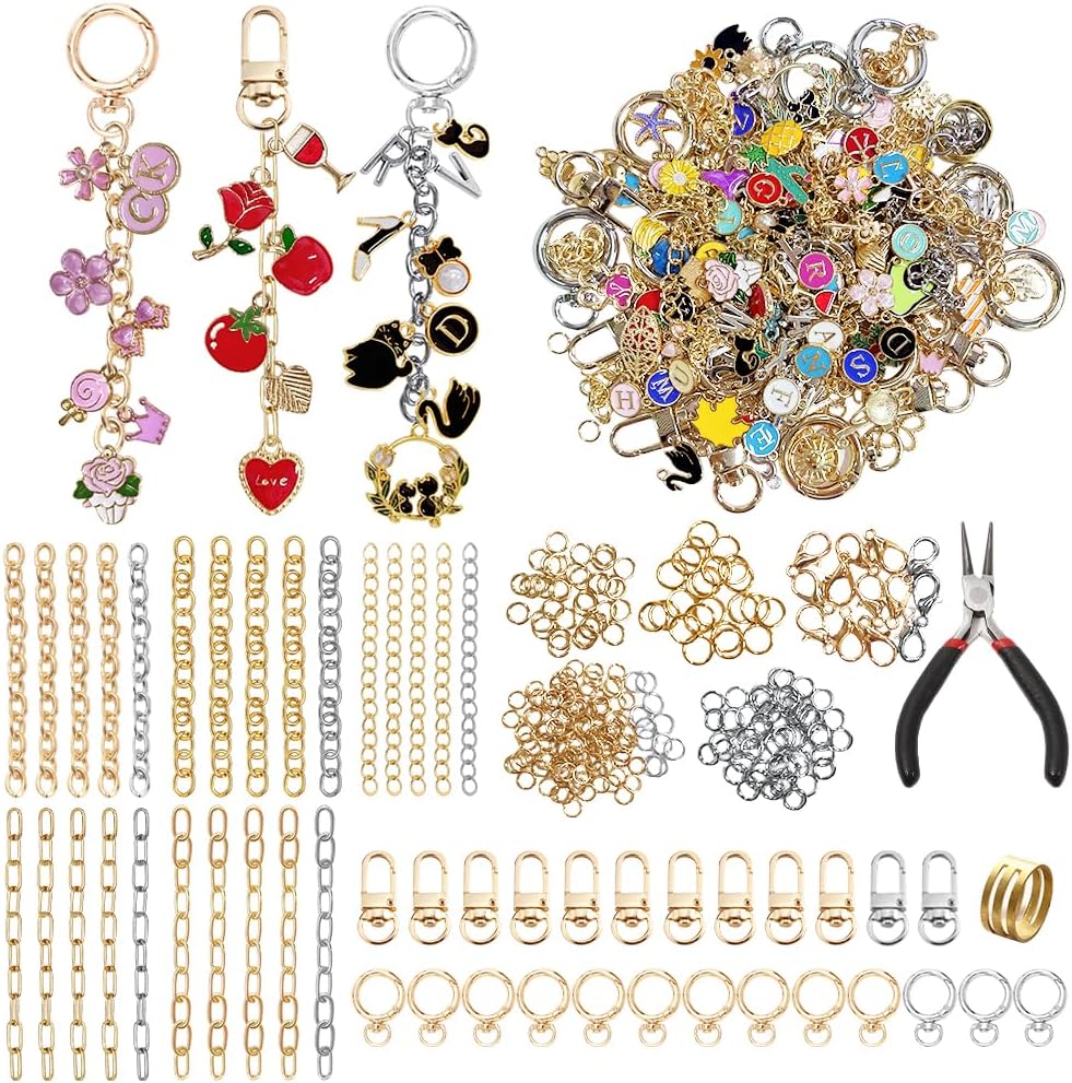 DIPSEOI 430 Pcs Keychain Making Kit - Bag Charm kit with 25 Extender Chains 25 Keychain Clips 125 Lip Gloss Charms 240 Jump Rings