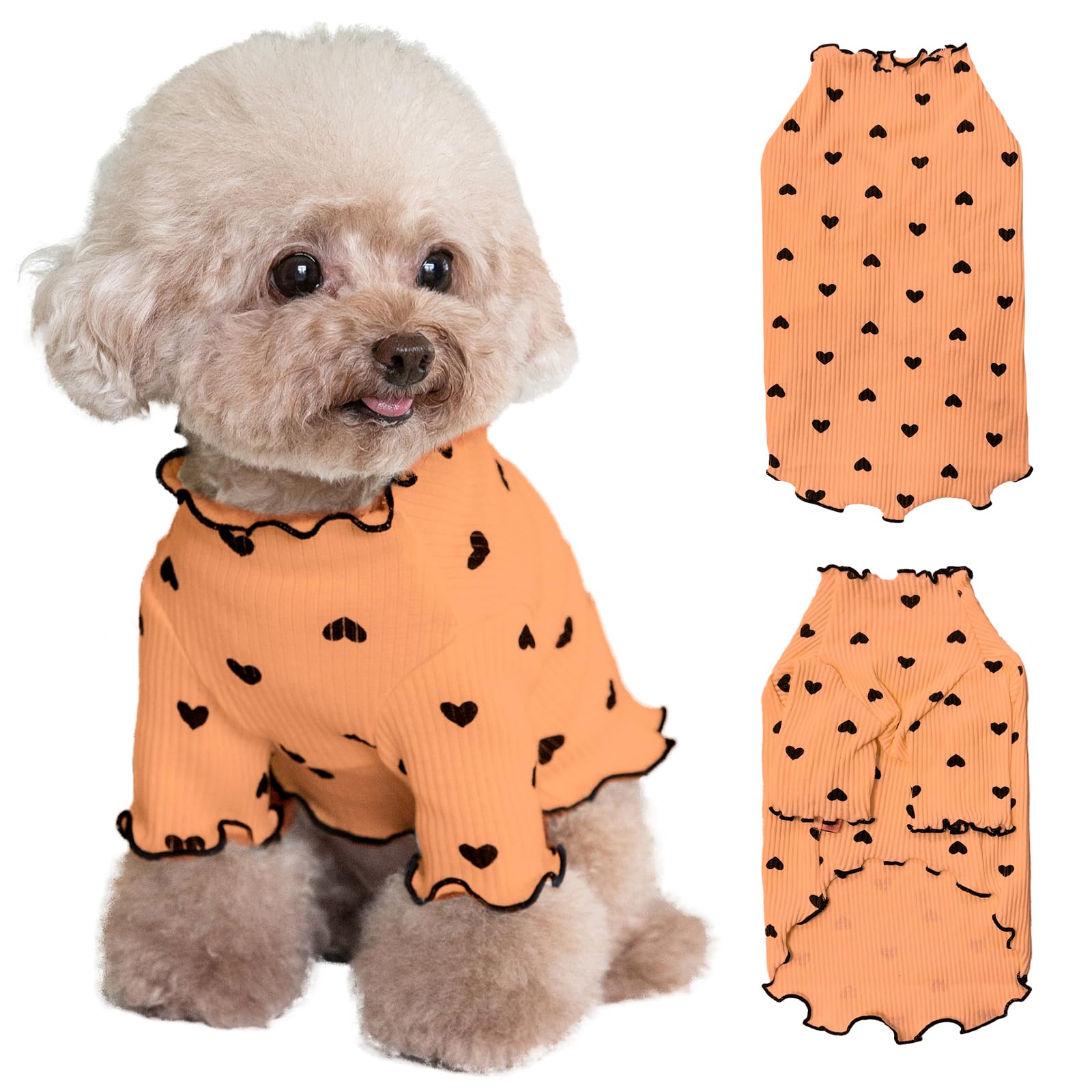 Yaopelky Pet Clothes for Small Dogs Cat Summer Fall Heart Print Shirt Stretchable Ruffle Long Sleeve Outfits for Chihuahua Schnauzer Shih Tzu Yorkie (Orange