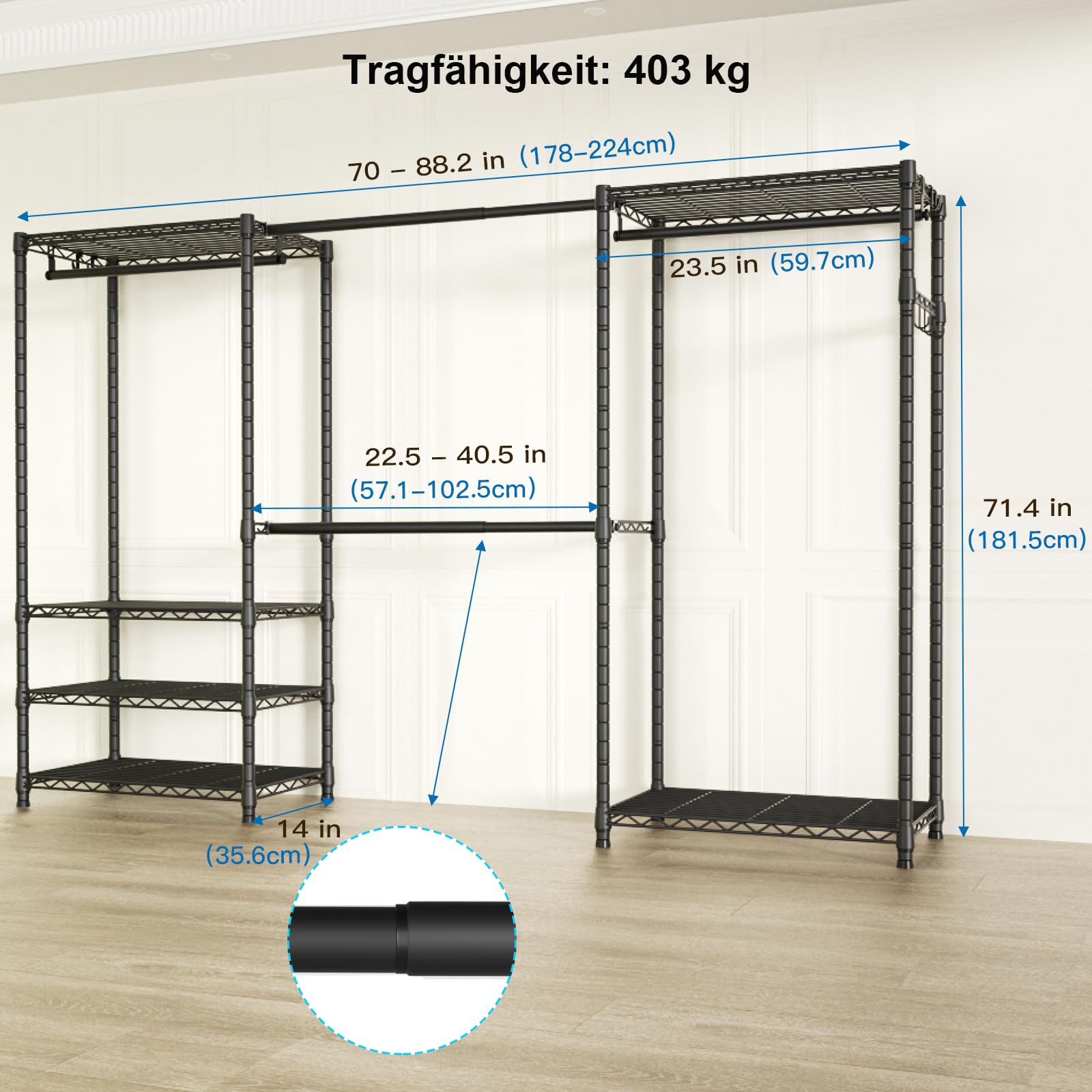 Ulif E1 Schwerlast Kleiderständer, freistehender Kleiderschrank aus Metall mit ausziehbarer Kleiderstange und höhenverstellbaren Regalböden, max. 403 kg, (178-224) x 35,6 x 181,5 cm, Schwarz