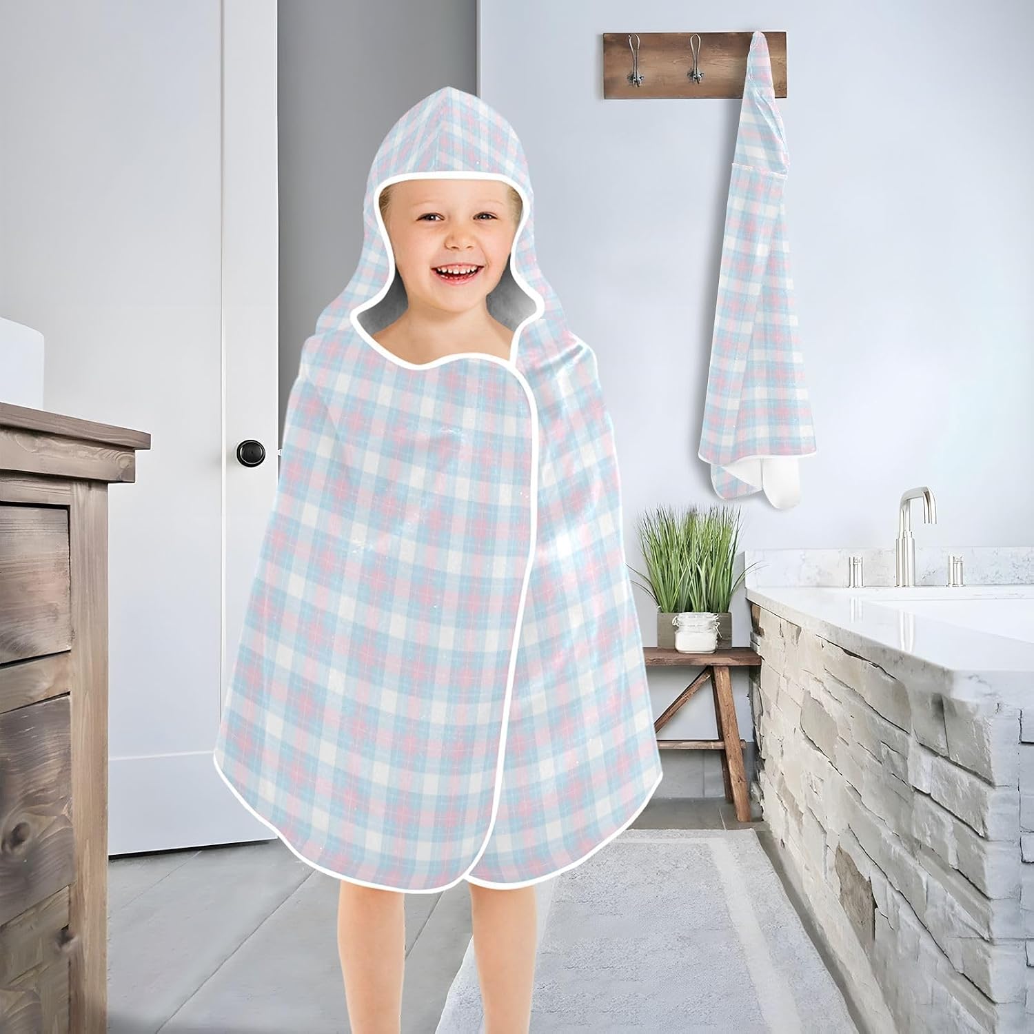 Kids Bath Towels with Hood Powder Blue Checkerboard Hooded Beach Bath Towel Quick Dry