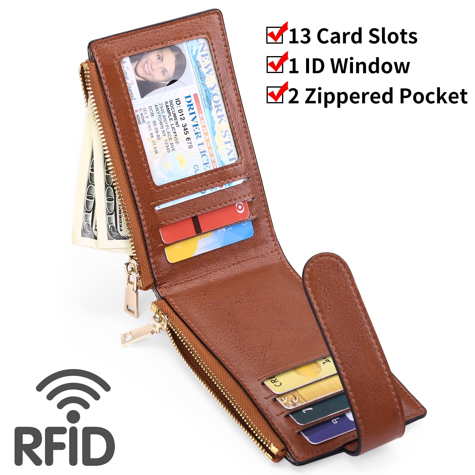 Billetera para mujer con tarjetero de Leahter Bifold con funda integrada integrada, AD-Marrón antiguo, Billetera plegable con Airtag 3