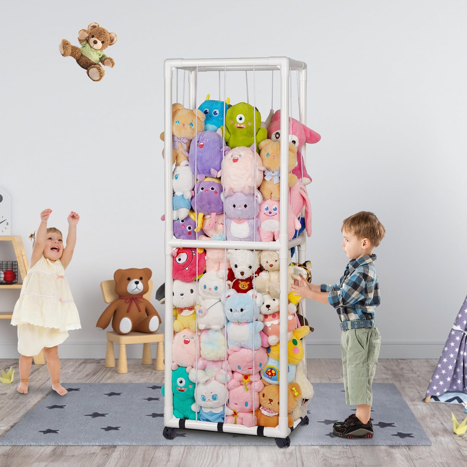 Stofftier Aufbewahrung Kuscheltier Aufbewahrung mit 360°Rollen Plüschtier Aufbewahrungs Stofftiere aus PVC Extra große Vertikale Platz Sparen für Organizer kinderzimmer Regal für plüschtiere
