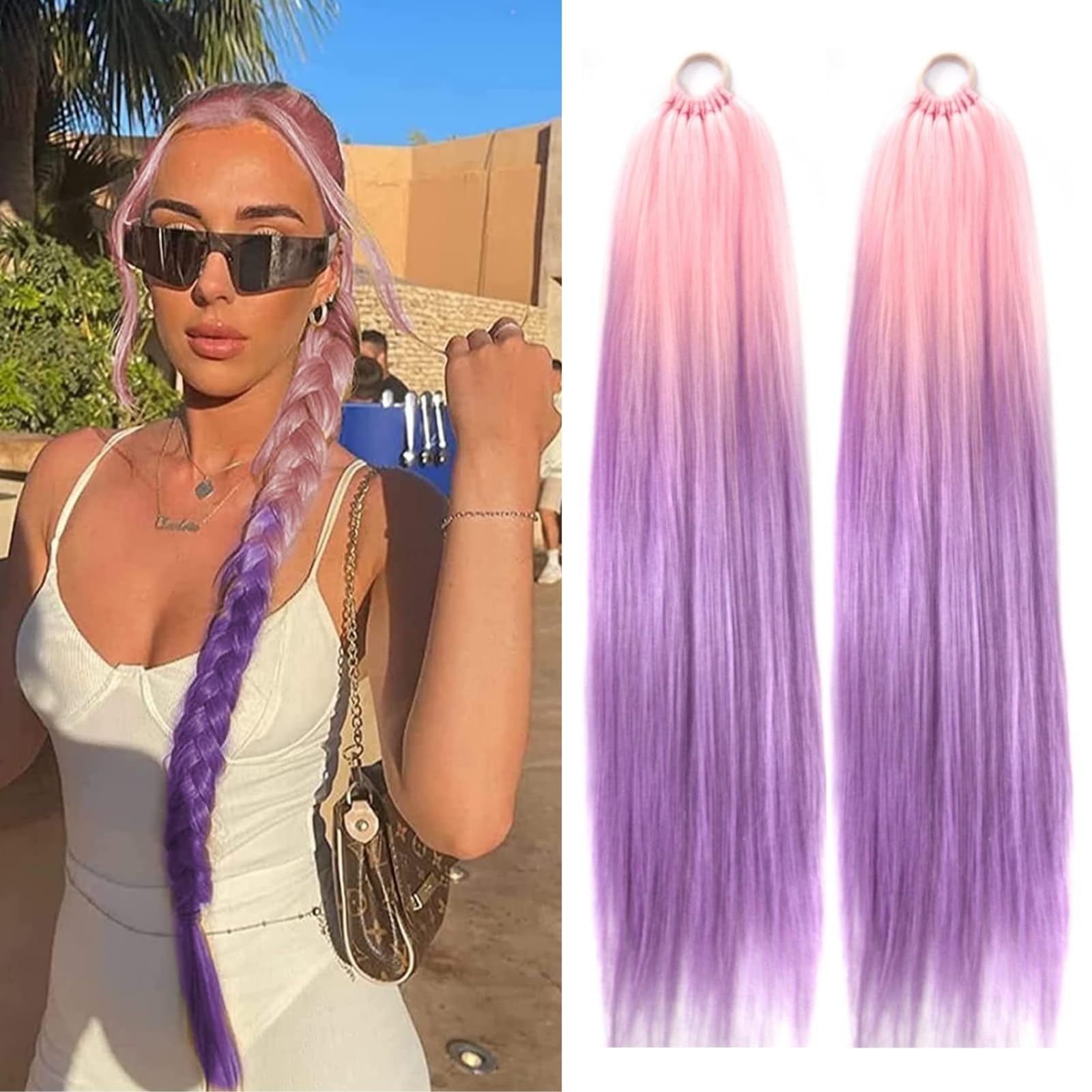 2 Packs Pink and Purple Wrap Around Pony Tail Hair for Women Braiding Hair Ponytail Extensions 32 Inch Hairpieces High Temperature Synthetic Hair
