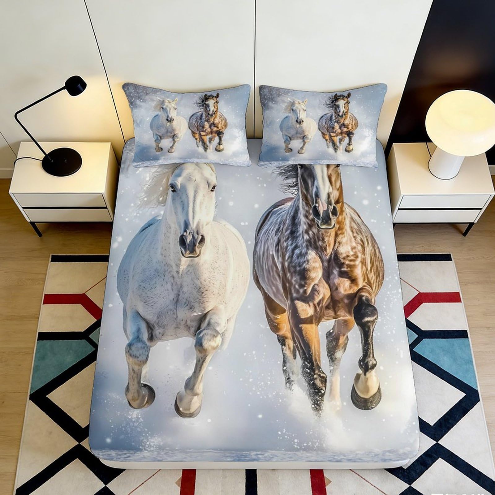 3D Printed Galloping White Horse Fitted Sheet Microfiber Soft Brown Horse Bed Cover for Bedroom Guestroom Decor 90x200x25cm