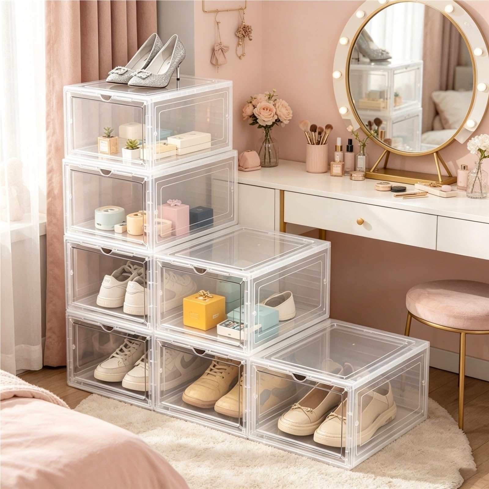 TYNGBT Upgraded Extra-Large Stackable Shoe Boxes, Transparent Front-Opening Shoe Storage Boxes, Clear Plastic Shoe Organizer for Sneakers Display