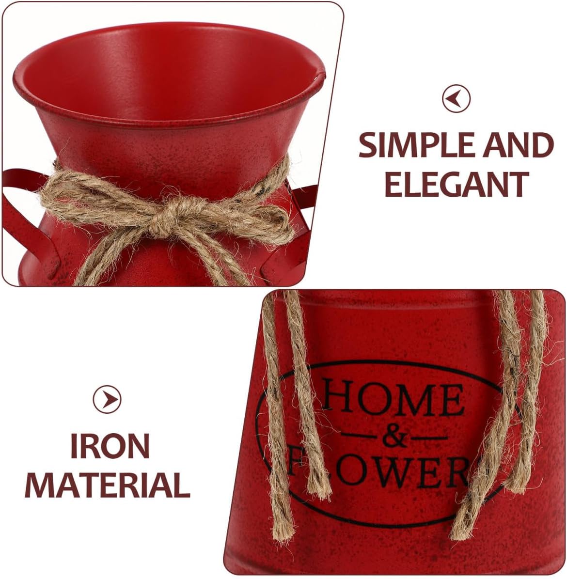 Vintage Red Flower Pitcher Vase | Farmhouse Decor for Home Kitchen Table | Rustic Metal Bucket Floral Centerpieces