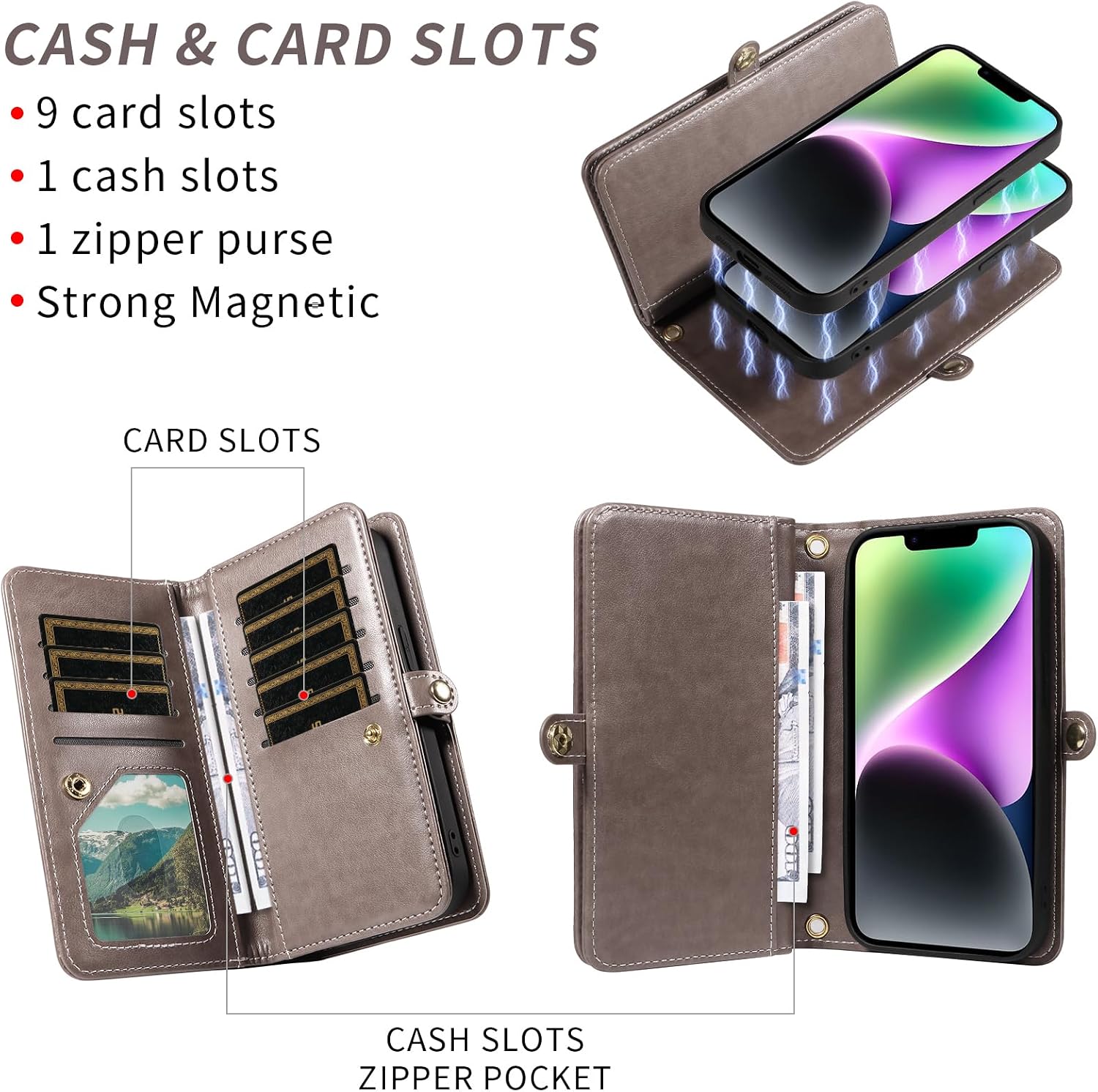 Asuwish Phone Case for iPhone 14 6.1 inch Zipper Wallet Detachable Cell Cover with Tempered Glass Screen Protector Crossbody Strap Flower Credit Card Holder iPhone14 5G i i-Phone i14 14Case Women Gray