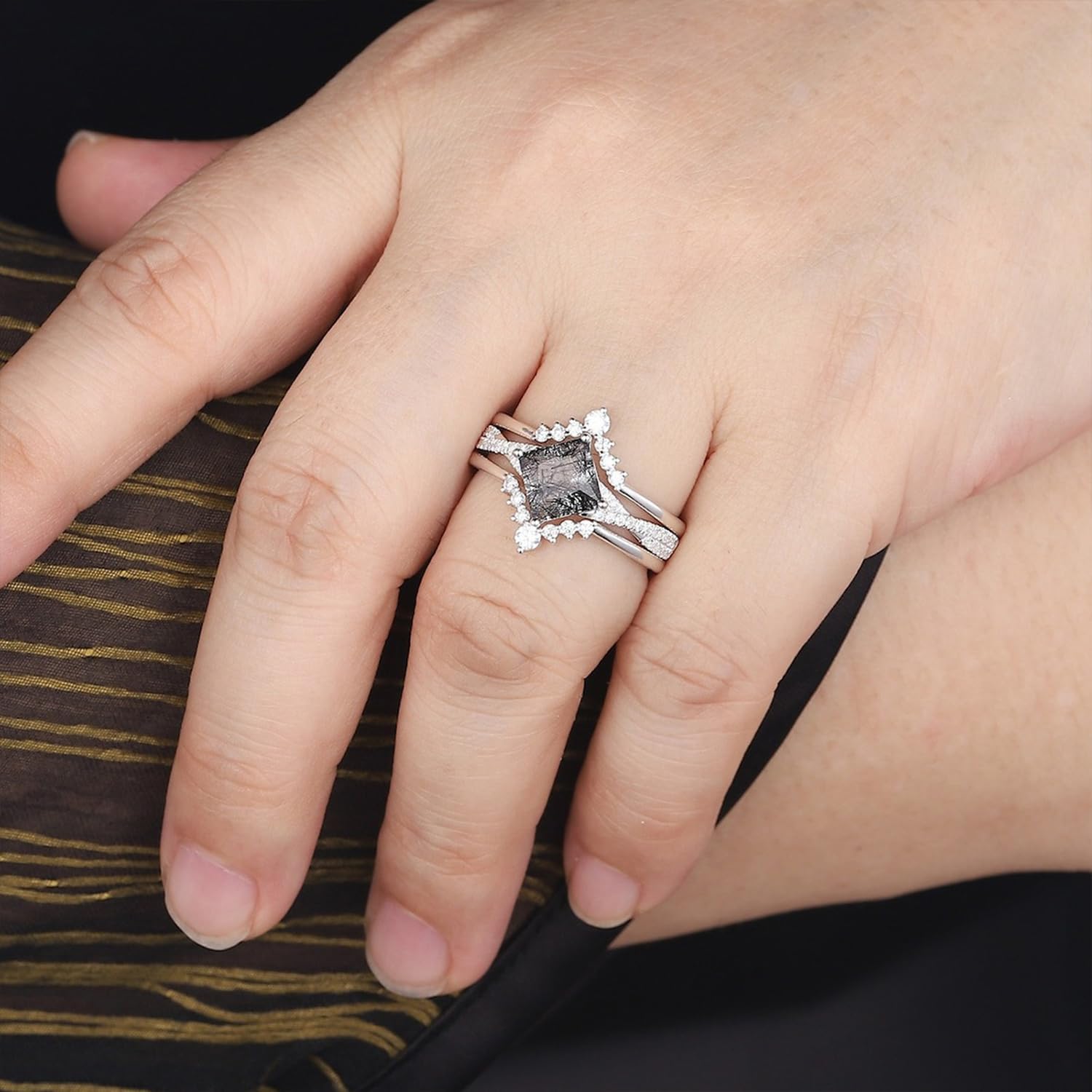 Nature Black Rutilated Quartz Wedding Ring Sets for Women 10K 14K 18K Solid Gold Gemstone Black Rutilated Quartz Art Deco Bridal Wedding Ring Set with Jewelry Gifts