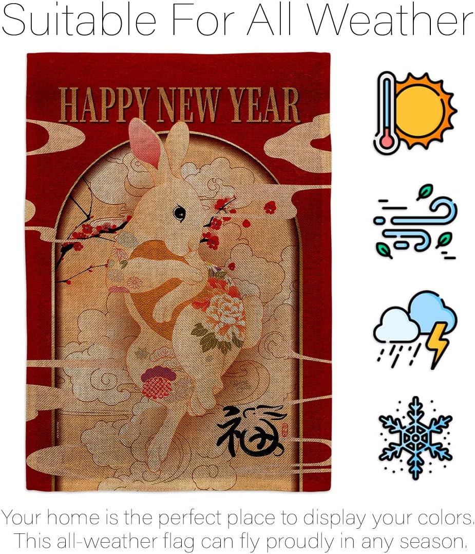 Lunar New Year of Rabbit Wall Tapestry Home Decor Burlap Banner Patio Porch Lawn Garden Flag Pole Room Decorations Indoor Outdoor Yard Sign Spring Gifts Prosperous Chinese Decoration Made in USA
