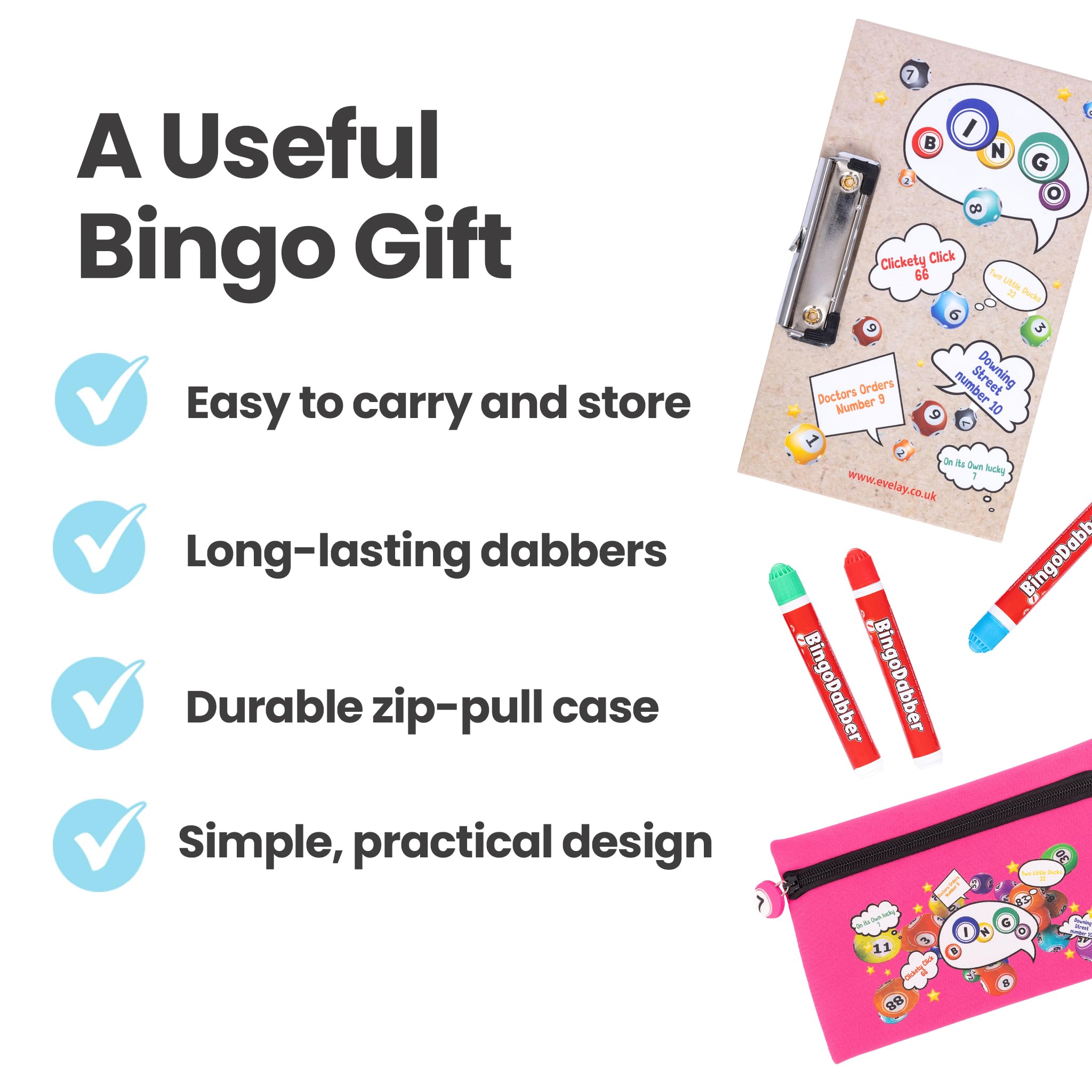 evelay Coffret cadeau pour bingo Dabber | 3 dabbers de bingo | 1 planche de bingo avec clip | Sac de rangement avec numéro porte-bonheur à fermeture éclair | Encre anti-goutte | 6 options de couleur