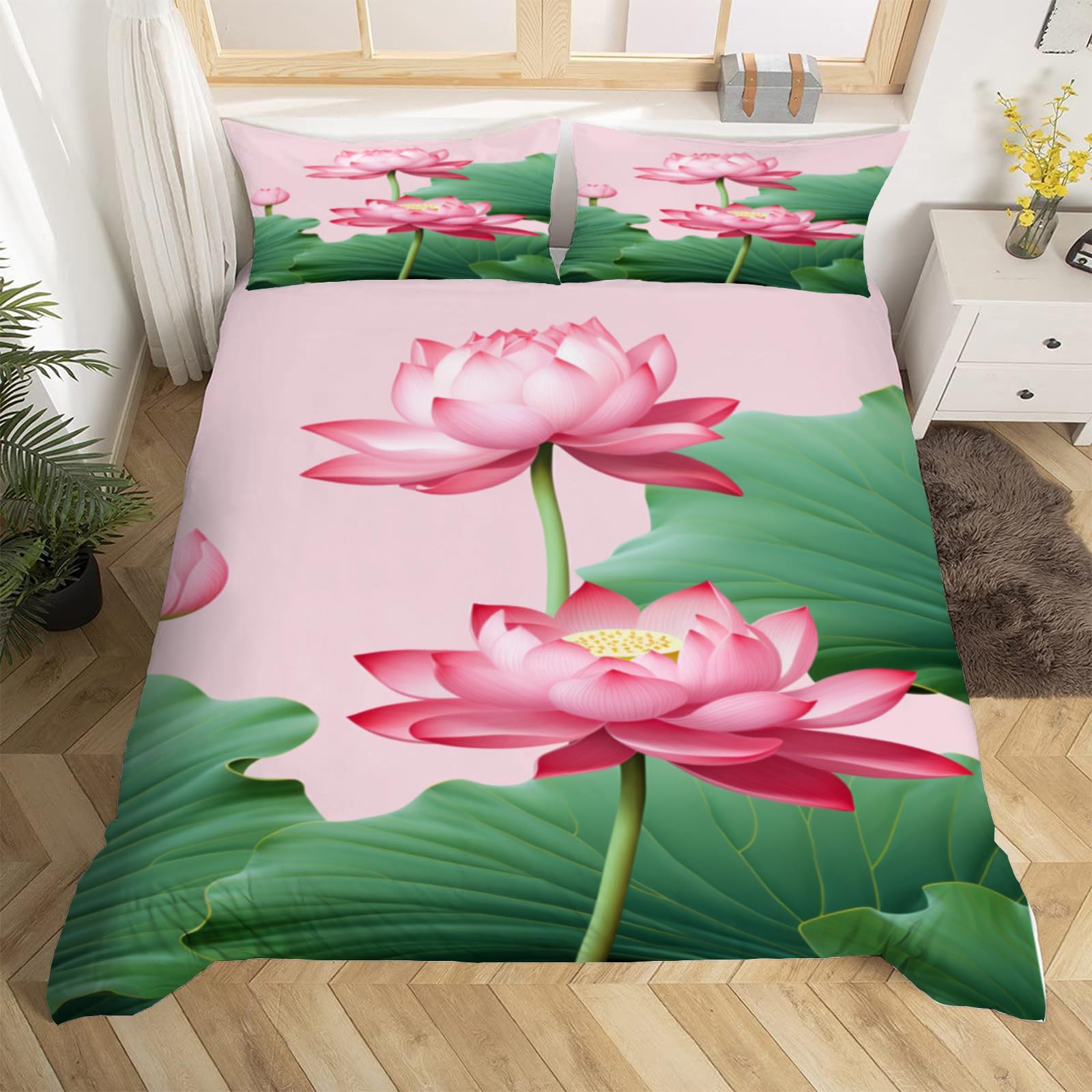 Housse de couette 240x260 imprimé lotus 3D au fini satiné en microfibre
