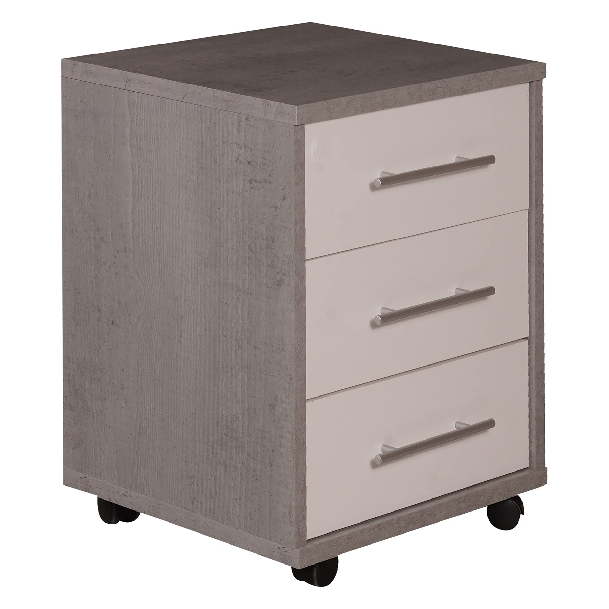 Dmora Commode de bureau avec 3 tiroirs sur roulettes, porte-documents, table de chevet de bureau élégante, cm 43x40h57, couleur Ciment et Blanc