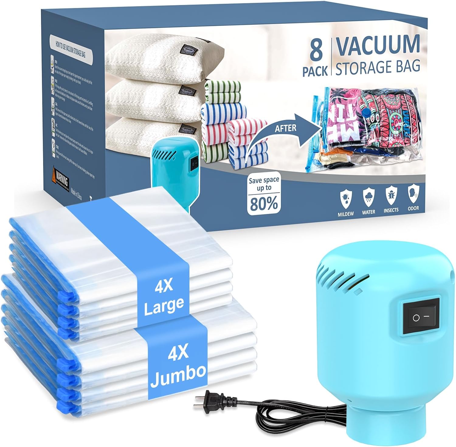 Product image of ZXA Vacuum Storage Bags with Electric Air Pump, 8 Pack Large Vacuum Seal Bags for Clothing, Space Saver Vacuum Storage Bags for Blanket, Duvets, Pillows, Comforters - Blue