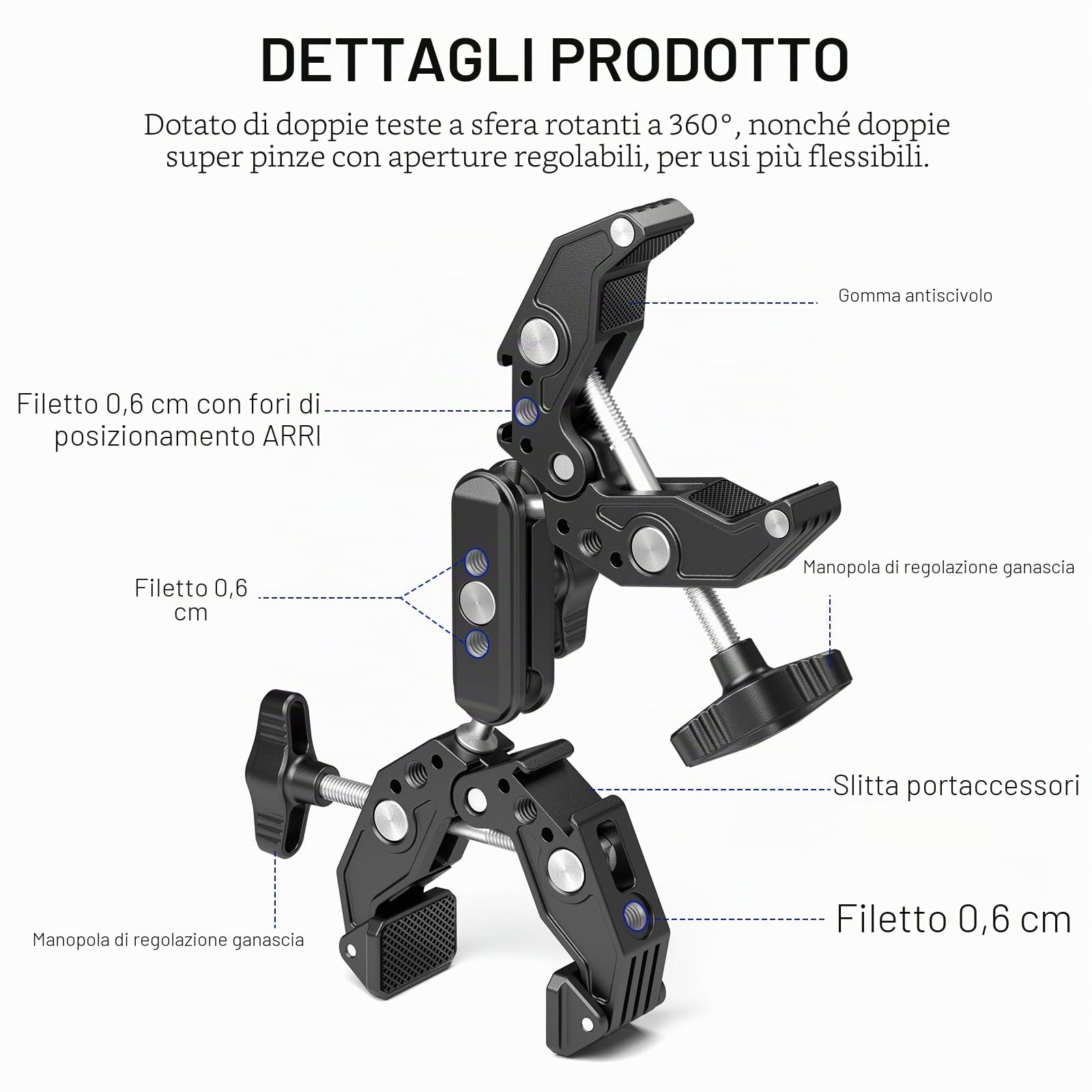 NEEWER Doppia Super Clamp Supporto per Fotocamera, Braccio Magico a 2 Teste Sferiche, Slitte Fredde, Supporto per Action Camera/Luce LED per Aste da Scrivania Compatibile con SmallRig GoPro DJI,UA036