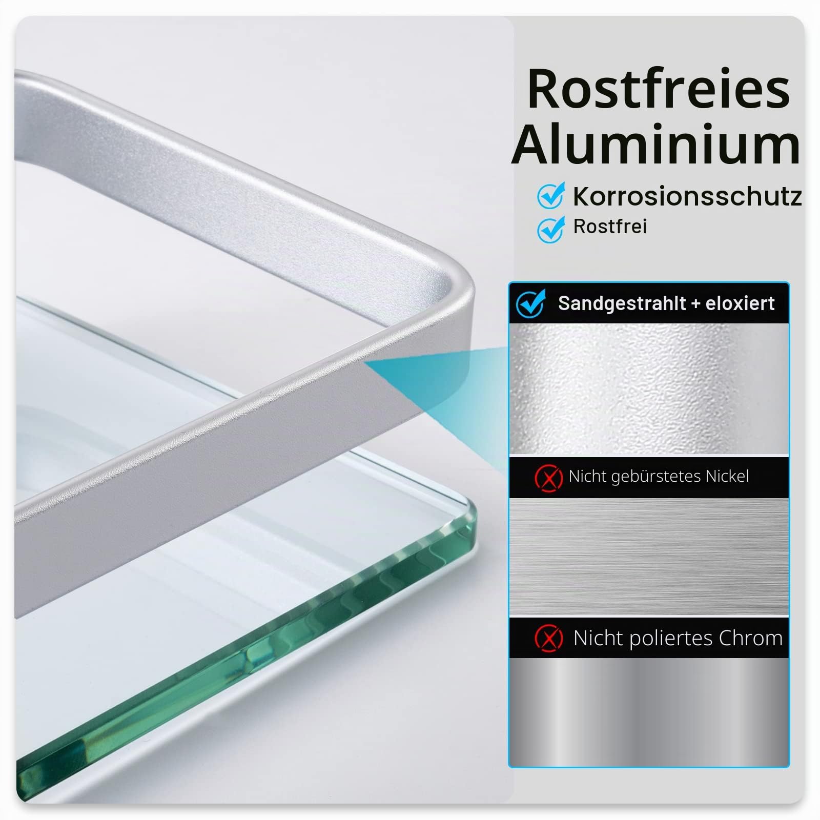 KES Duschablage Glas Duschregal Glasregal 8mm Ablage Bad Glasablage für Badezimmer Wandregal Badregal Halterung Wandmontage 2 Stück Aluminium Silber, A4126A-P2
