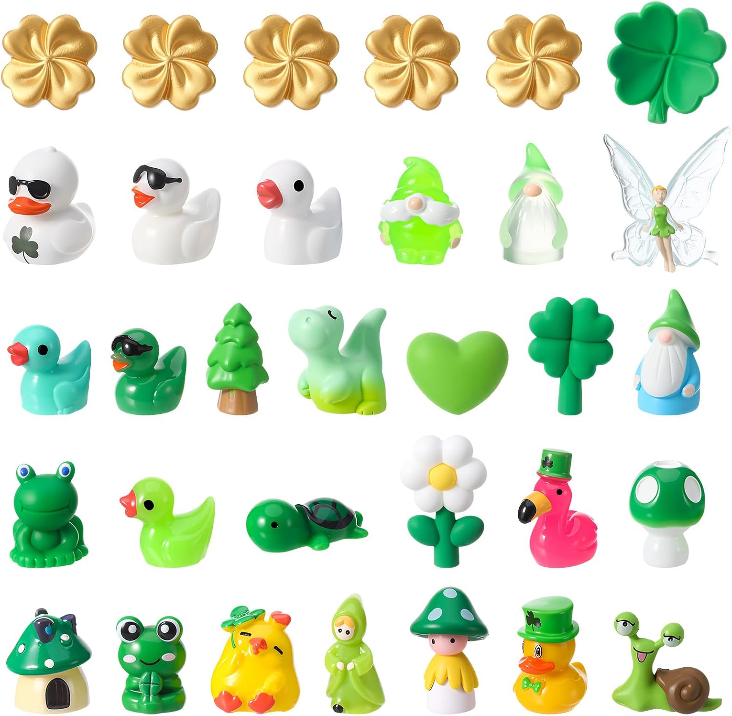 32 Pcs St. Patrick’s Day Miniature Figurines, Green Mini Resin Ducks Bulk, Lucky Mini Golden Four-Leaf Clover Figurines for St Patrick’s Day Party Favors Irish Day Accessories (32 Styles)