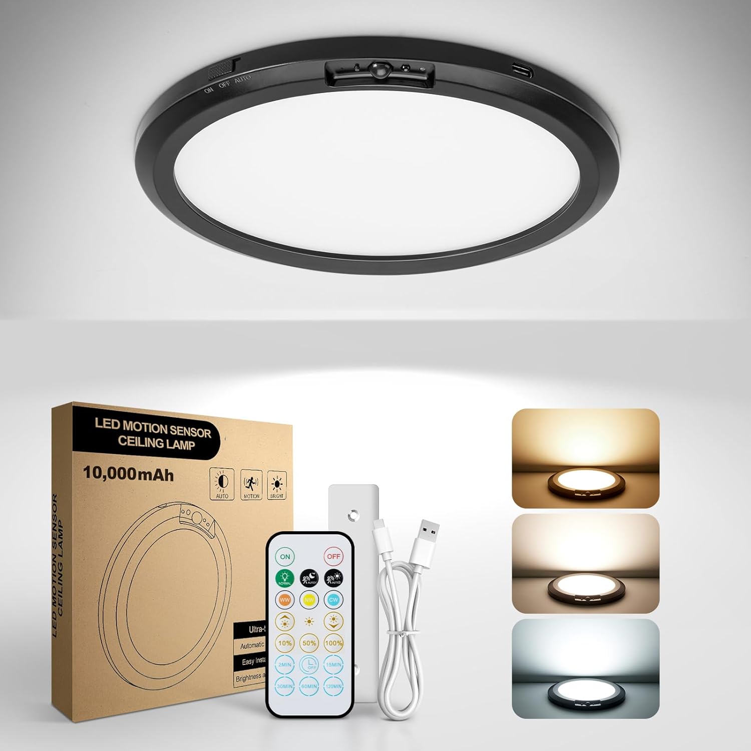 10,000mAh Rechargeable Ceiling Light with Remote, Wireless Waterproof Shower Lights 3000K/4000K/6000K, Battery Powered Light for Closet Battery Operated, Motion Sensor Lights No Wiring, Black