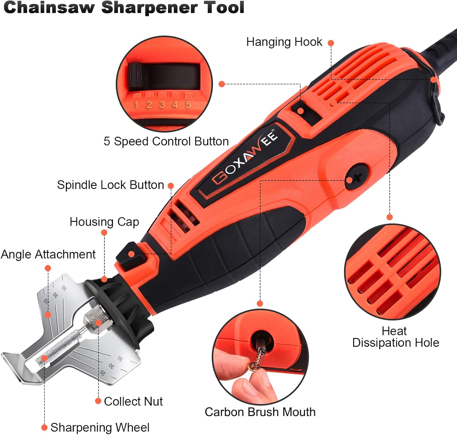 GOXAWEE Chainsaw Sharpener Kit 180W Power Chain Saw Sharpen Tool Set, Electric Blade Sharpening File Comes with 6pcs Diamond Sharpening Wheels, Angle Attachment (5 Speed Setting, 8000~35000 RPM) : Patio, Lawn & Garden