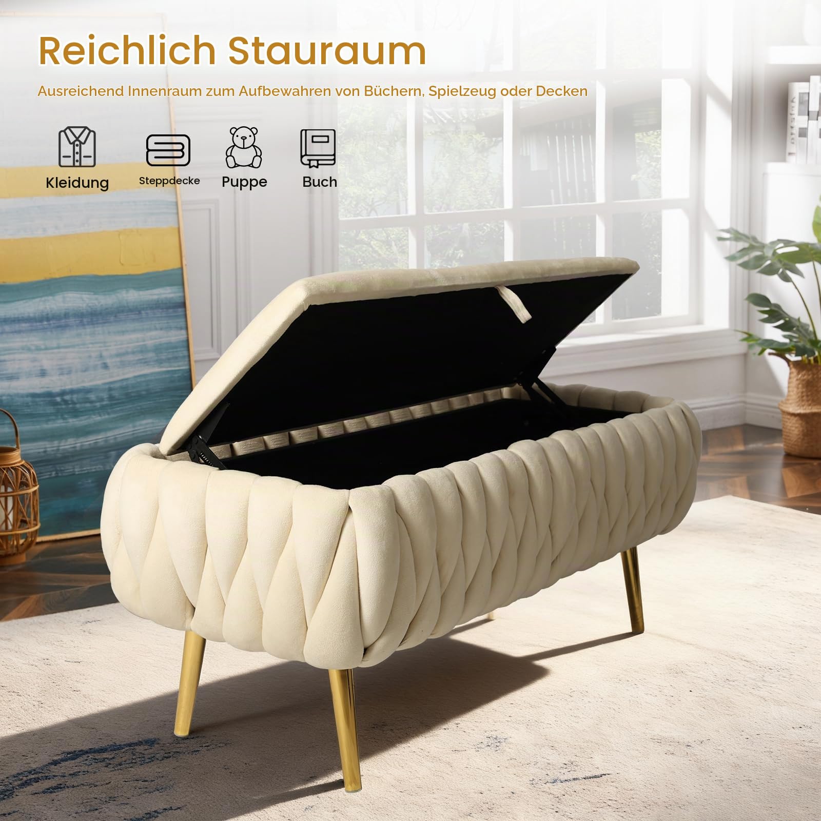 Hocker mit Stauraum, Pouf mit Stauraum, Flurbank, Sitzbank Stauraum, Aufbewahrungsbank, bis 300 kg Belastbar, Hockerbank für Wohnzimmer, Flur, Schlafzimmer (Weiß)