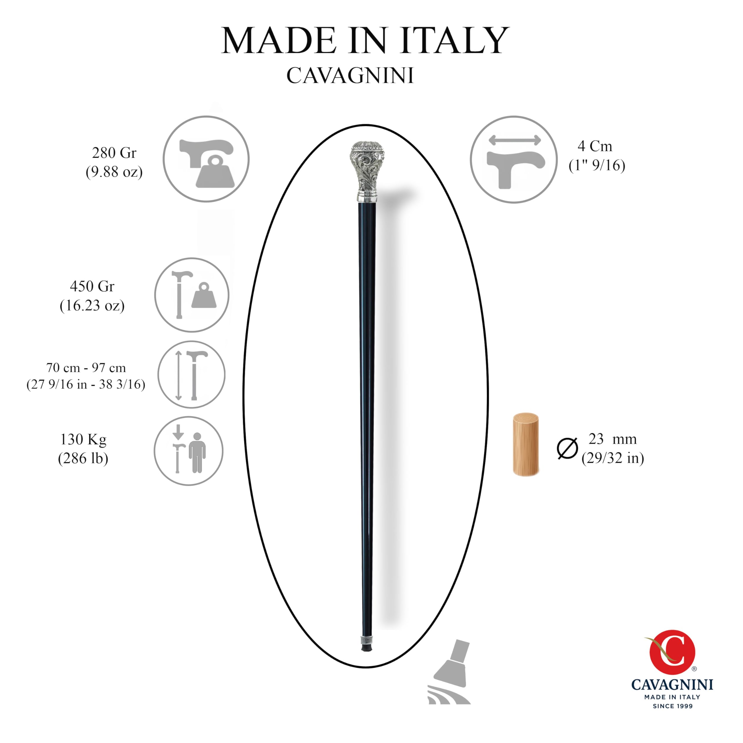 Bastón de paseo 97 madera para hombre y mujer elegante para ceremonia hecha a mano en Italia original CAVAGNINI (marrón, palo Liberty redondo V.)