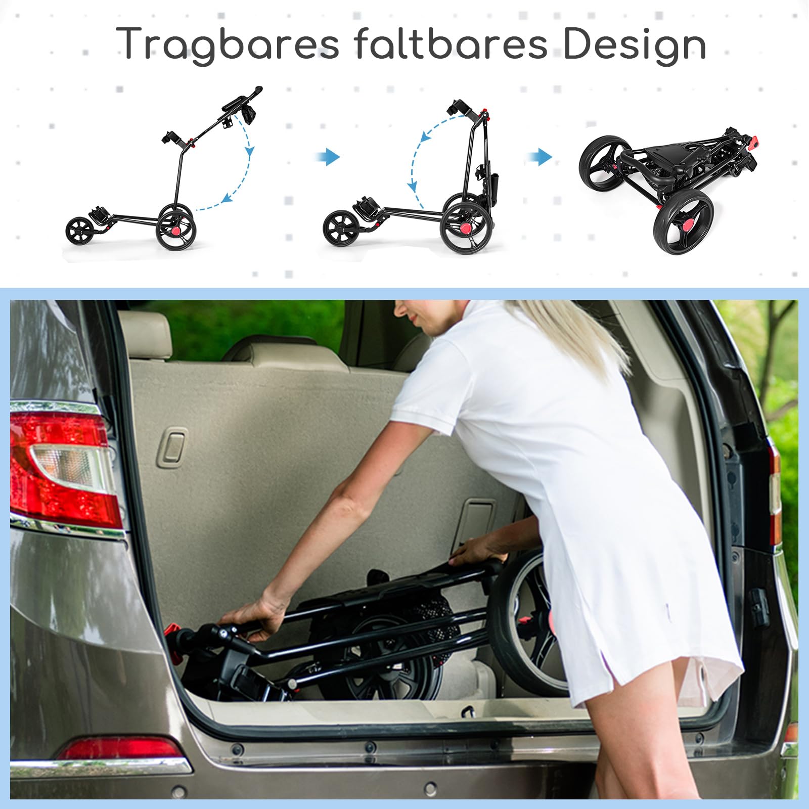 COSTWAY Golftrolley, Golftrolley 3 Rad Klappbar, Golf Trolley, Golfwagen Klappbar, Golf Trolleys, Golf Cart | mit verstellbarem Griff & Halter für Schirm, Tassen, Telefon