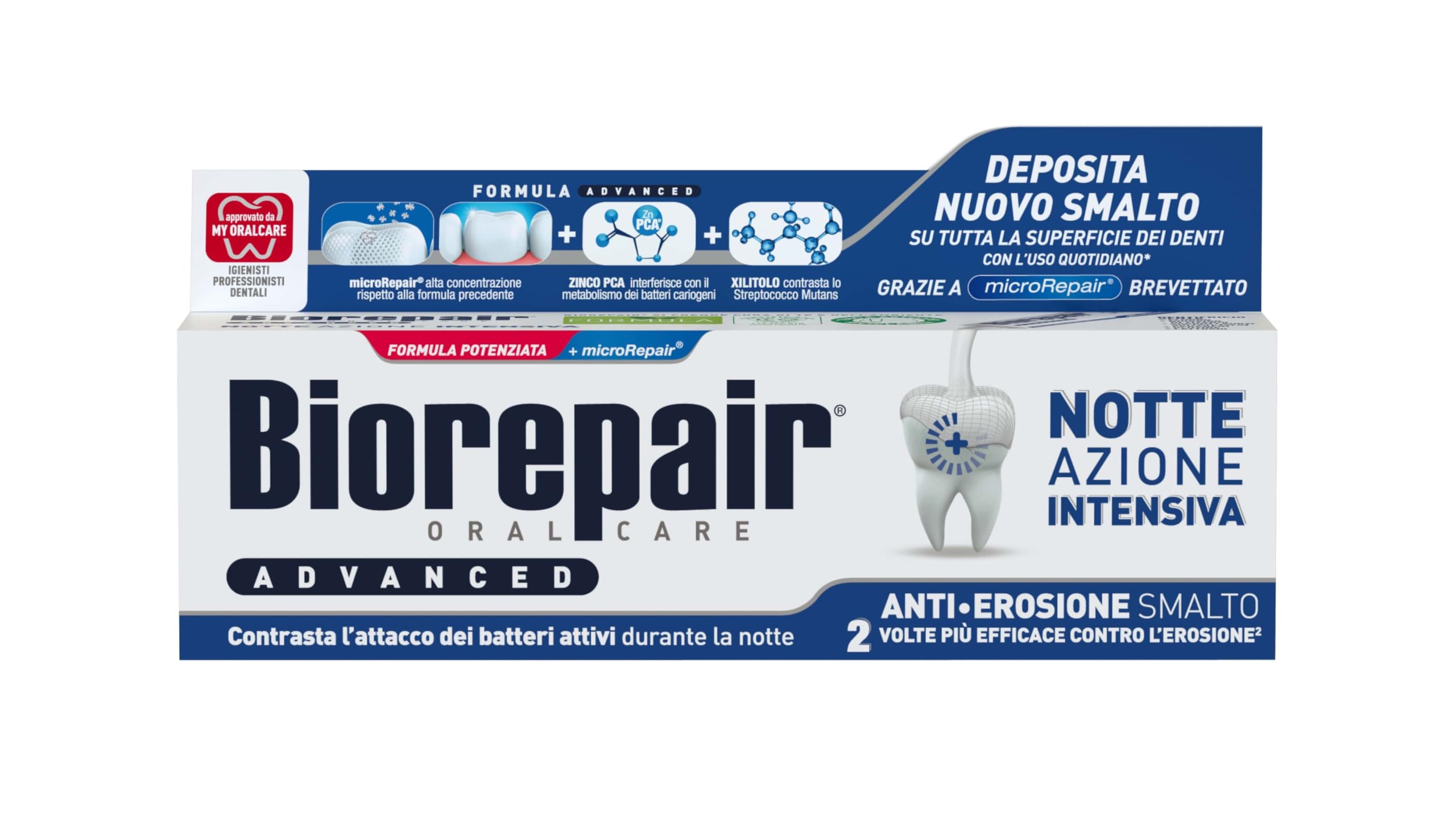 Biorepair, Advanced Zahnpasta für die Nacht, intensiv gegen Erosion, 12 Packungen à 75 ml, schützt und repariert den Zahnschmelz, antibakteriell, mit MicroRepair, Zink PCA und Xylitol für einen