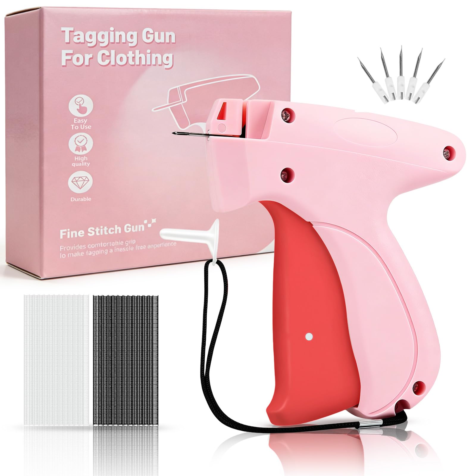 Stitch Gun for Clothes - Handheld Stitch Gun Quick Clothing Fixer - Tagging Gun for Clothing, Sewing Kit-Includes 6 Needle, 1000 Black Fasteners &amp; 1000 White Fasteners (Pink Red)