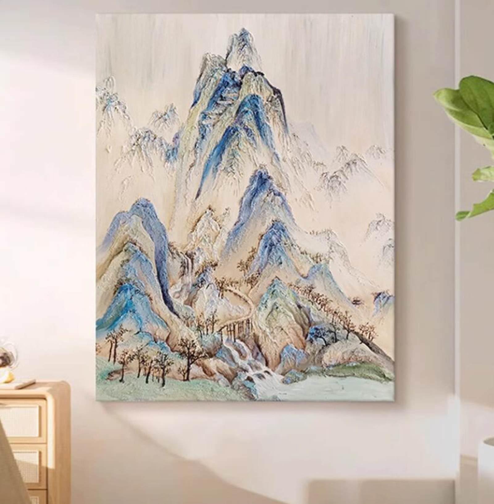 Décoration d'escalier de maison avec tableau montagne à l'huile