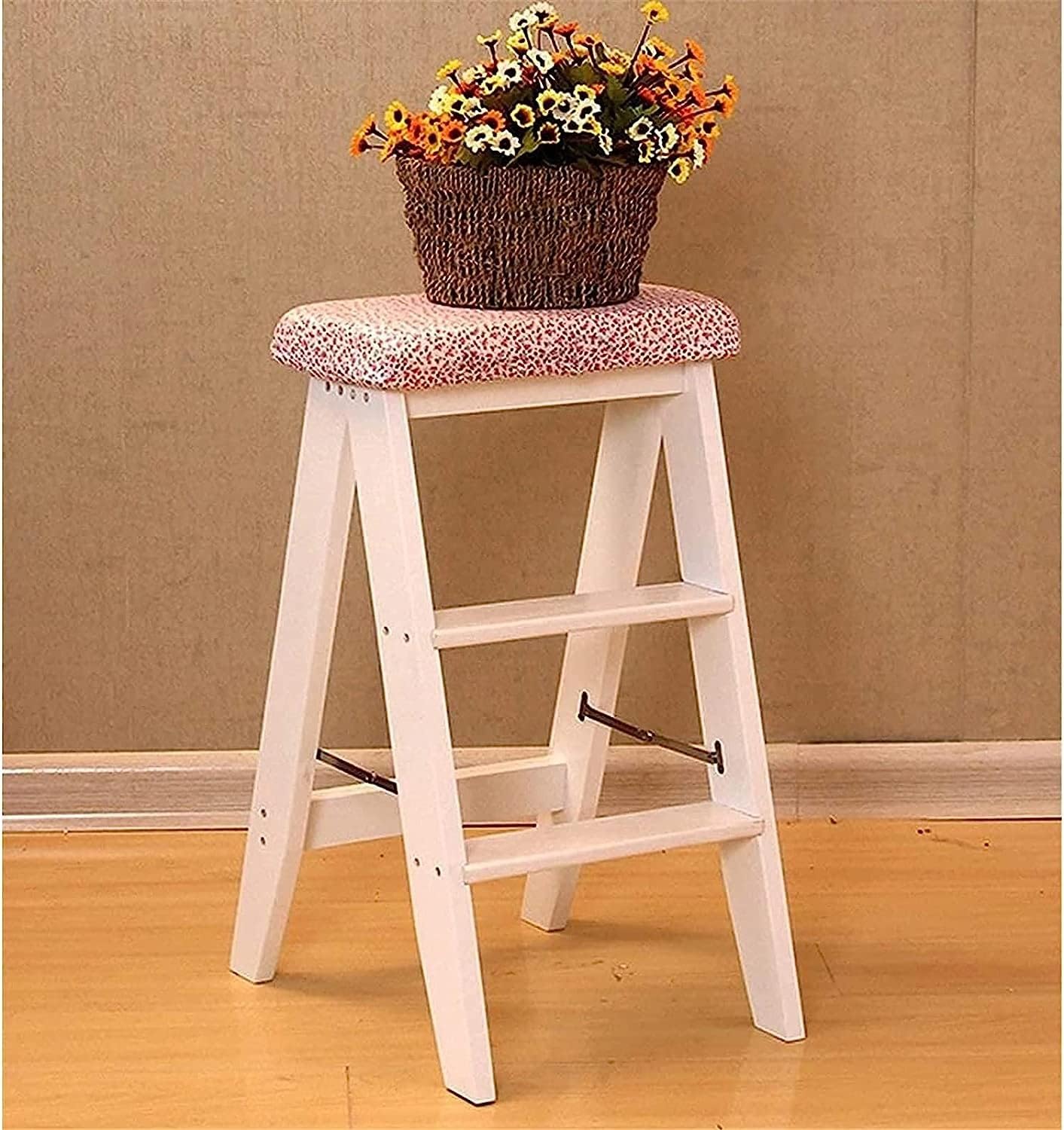 OKUOKA Indoor Climbing Stool,Portable Step Stool 3 Steps Step Stool,Solid Wood Folding Ladder Stool-Household Step Ladder Thickening Multi-Purpose,3 Colors Stepladders (B)