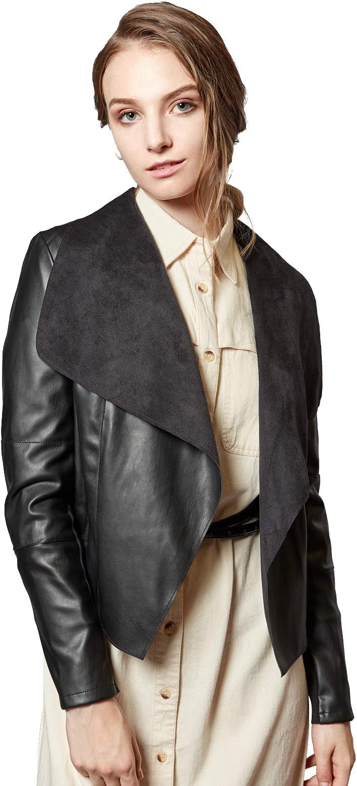 Women's Faux Leather Jackets Slim Open Front Lapel Blazer Jackets