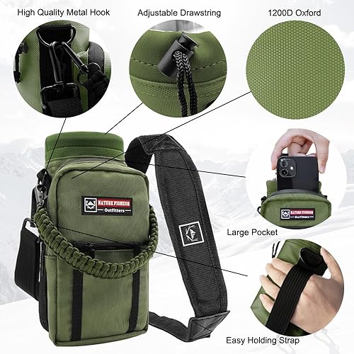 Vista 103 de NATURE PIONEOR Soporte para botella de agua con correa ajustable – 25/32/40 onzas, funda aislante para botella de agua con mango de paracaídas y 2