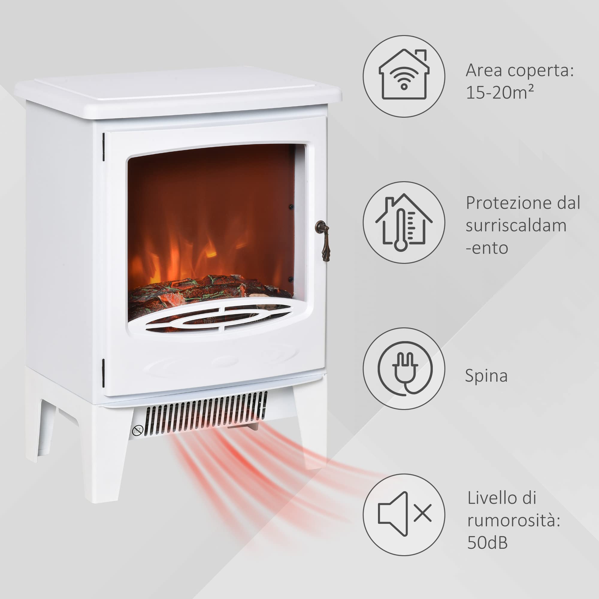 HOMCOM Camino Elettrico da Terra con Effetto Fiamma 900/1800W Bianco