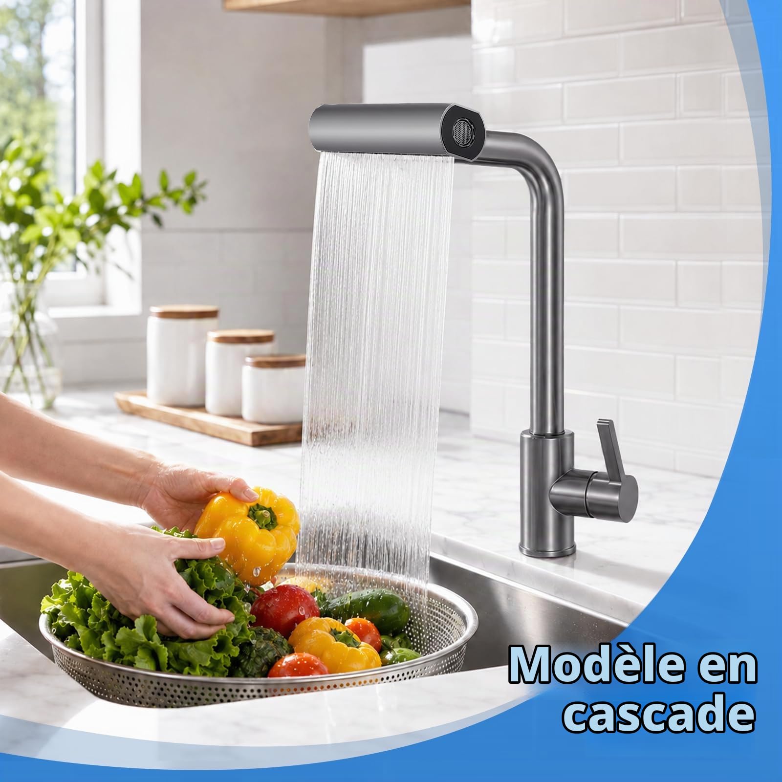 Robinet de Cuisine Rétractable – Mitigeur Évier 360° en Inox 304 Brossé, 4 Modes de Jet (Mousse/Lame/Pluie/Cascade), Douchette Extractible 60 cm