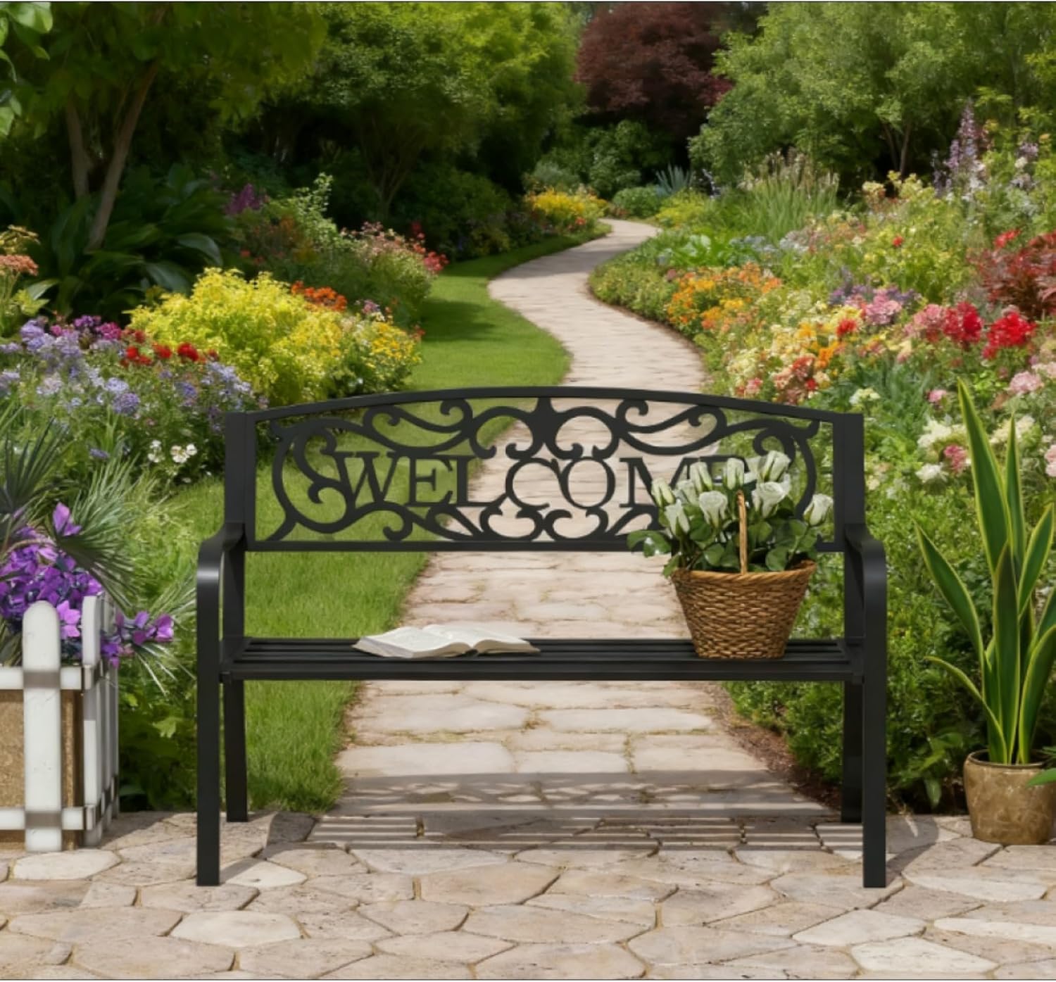 Hassyee Modern Garden Bench Loveseat with Cast Iron Decorative Welcome Vines, Outdoor Seating Benches for Lawn, Park and Backyard
