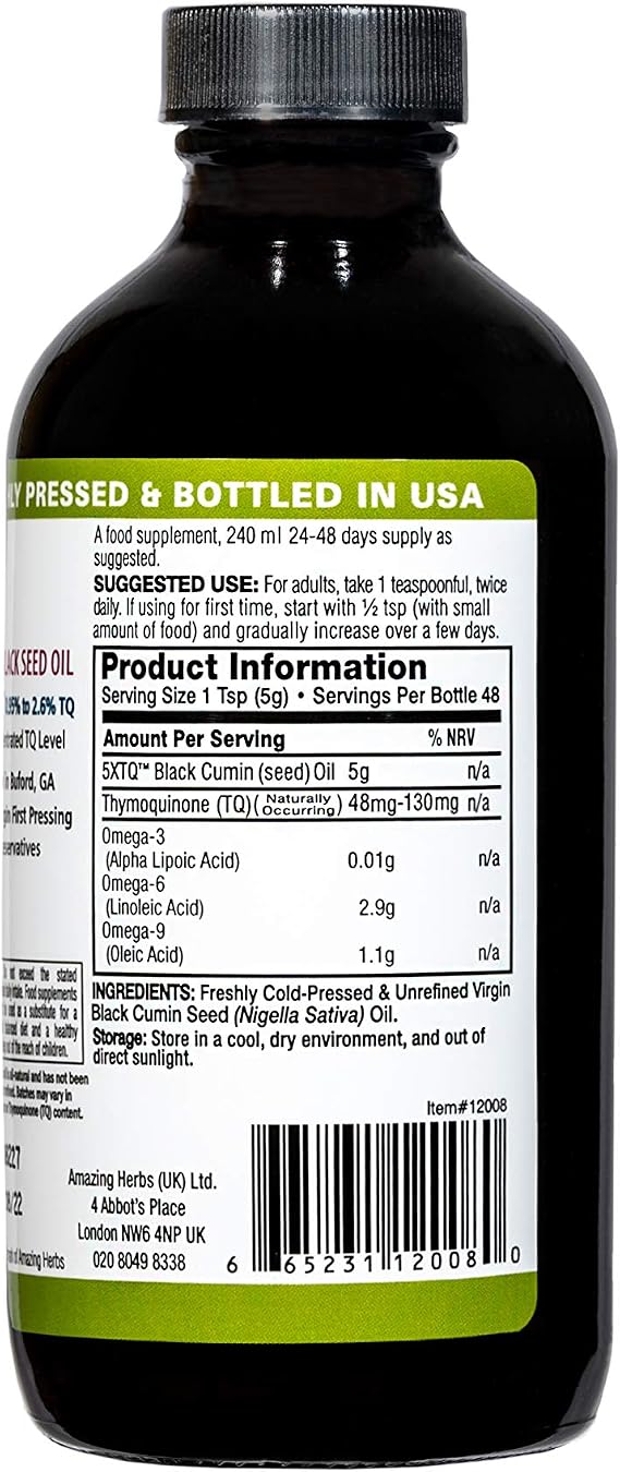Black Seed Oil - Amazing Herbs Premium High Strength Pure Cold-Pressed Black Cumin Seed Oil (240ml, 8oz Glass Bottle)