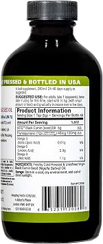 Black Seed Oil - Amazing Herbs Premium High Strength Pure Cold-Pressed Black Cumin Seed Oil (240ml, 8oz Glass Bottle)