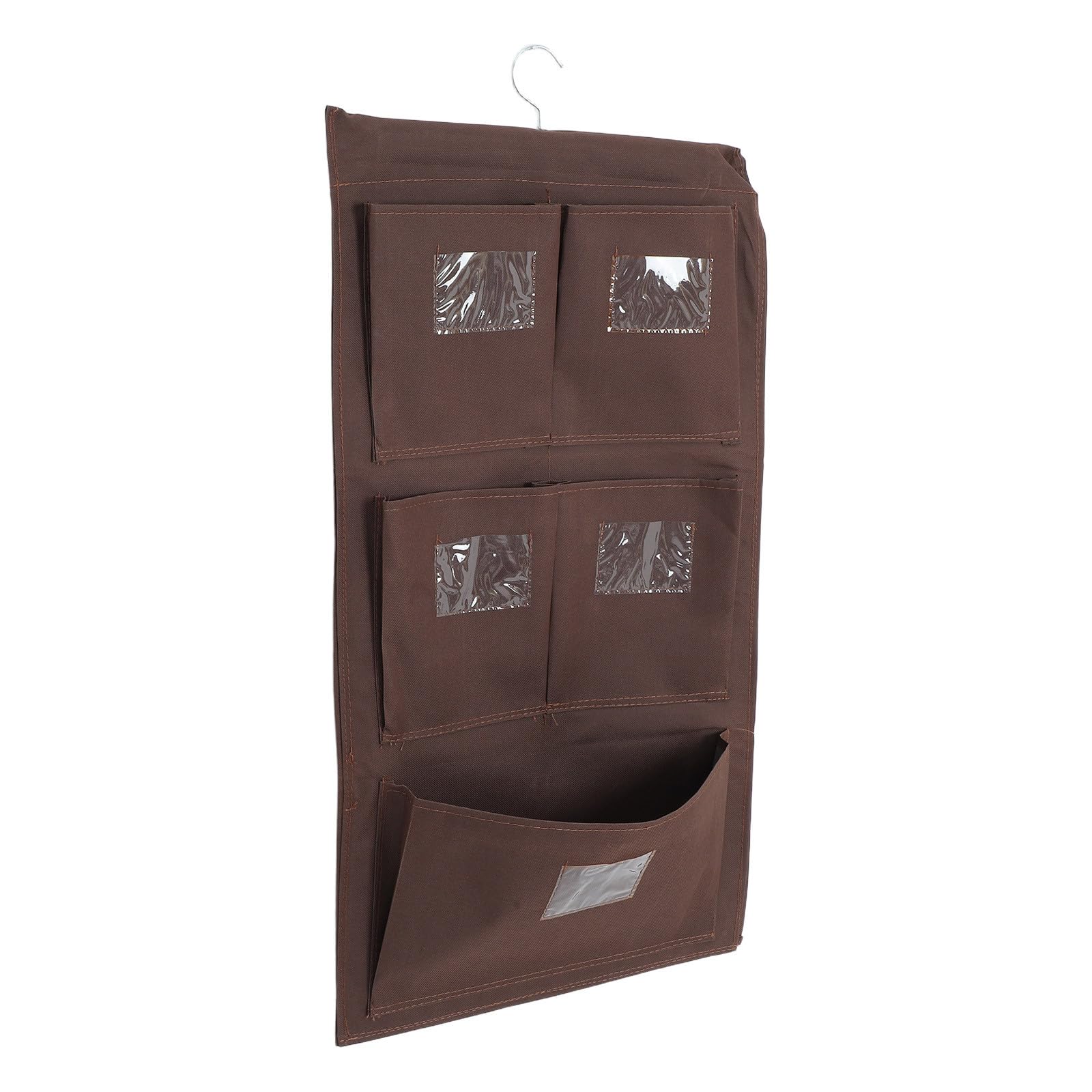 Borsa Organizer per Pulizia a 7 Scomparti, Doppio Lato | Tessuto Oxford Marrone Caffè, per Hotel e Camere, Struttura con Asta in Legno e Gancio Metallico