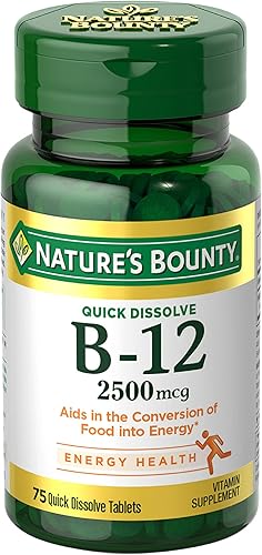 Natures Bounty Vitamina B12 2500 mcg apoyo de energía celular para metabolismo energético salud del corazón y del sistema nervioso 75 tabletas de Natures Bounty Vitamina B12 2500 mcg apoyo de energía celular para metabolismo energético salud del corazón y del sistema nervioso 75 tabletas de