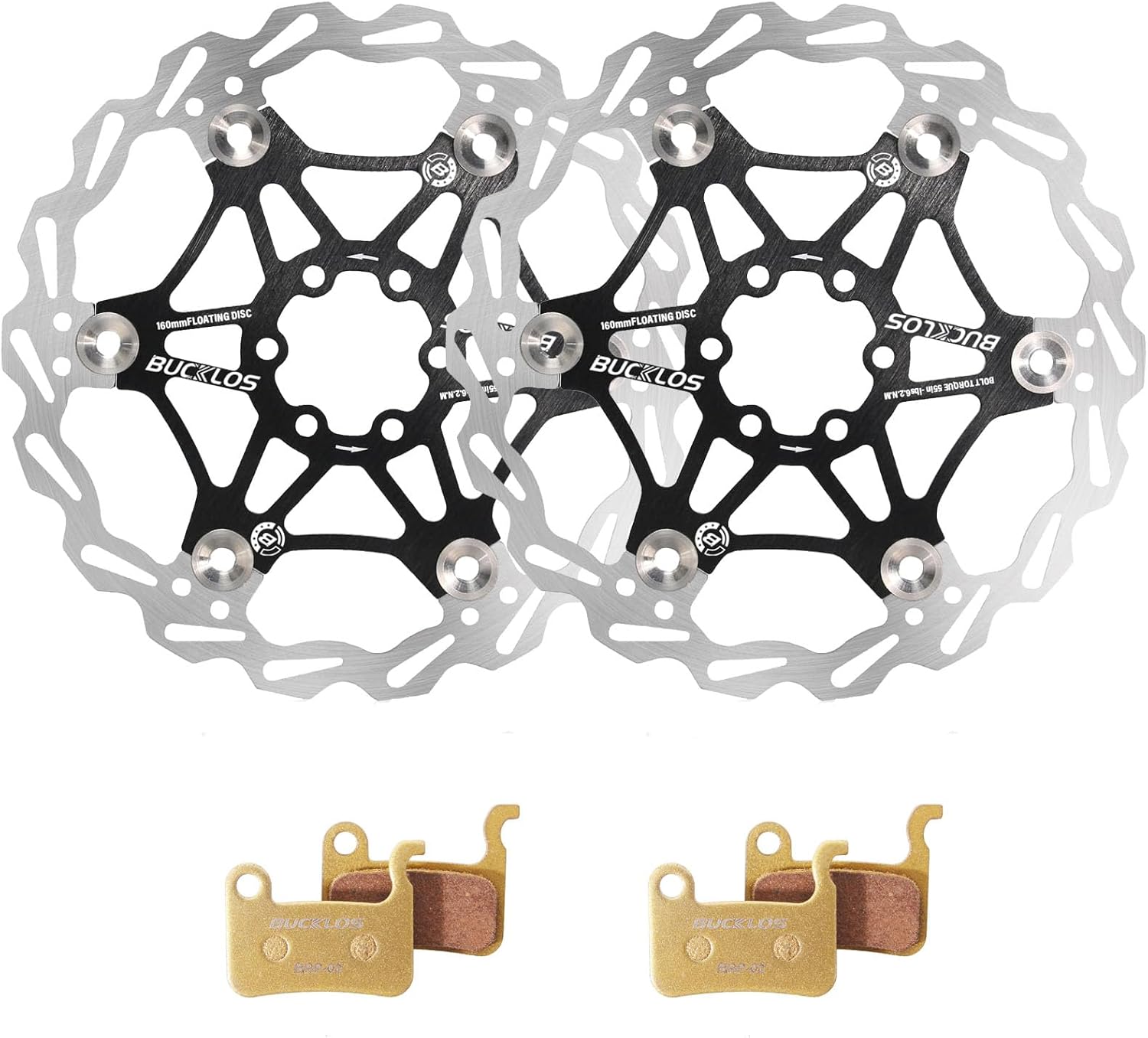 BUCKLOS 2 Pairs Copper Based Bike Disc Brake Pads - Bicycle Disk Brake Pads for Zoom/Shimano Deore XT XTR LX SLX Hone Alfine Saint and 160mm Floating Disc Brake Rotor with 6 Bolts