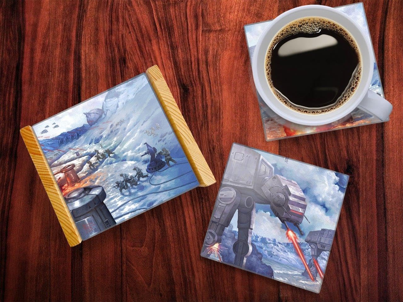 Star Wars– at-at Walker – The Battle of Hoth – Thomas Kinkade – Set of Four 4” x 4” Glass Coasters - Comes with Stylish Modern Wooden Coaster – for Gifting and Collecting SPCSTR1111