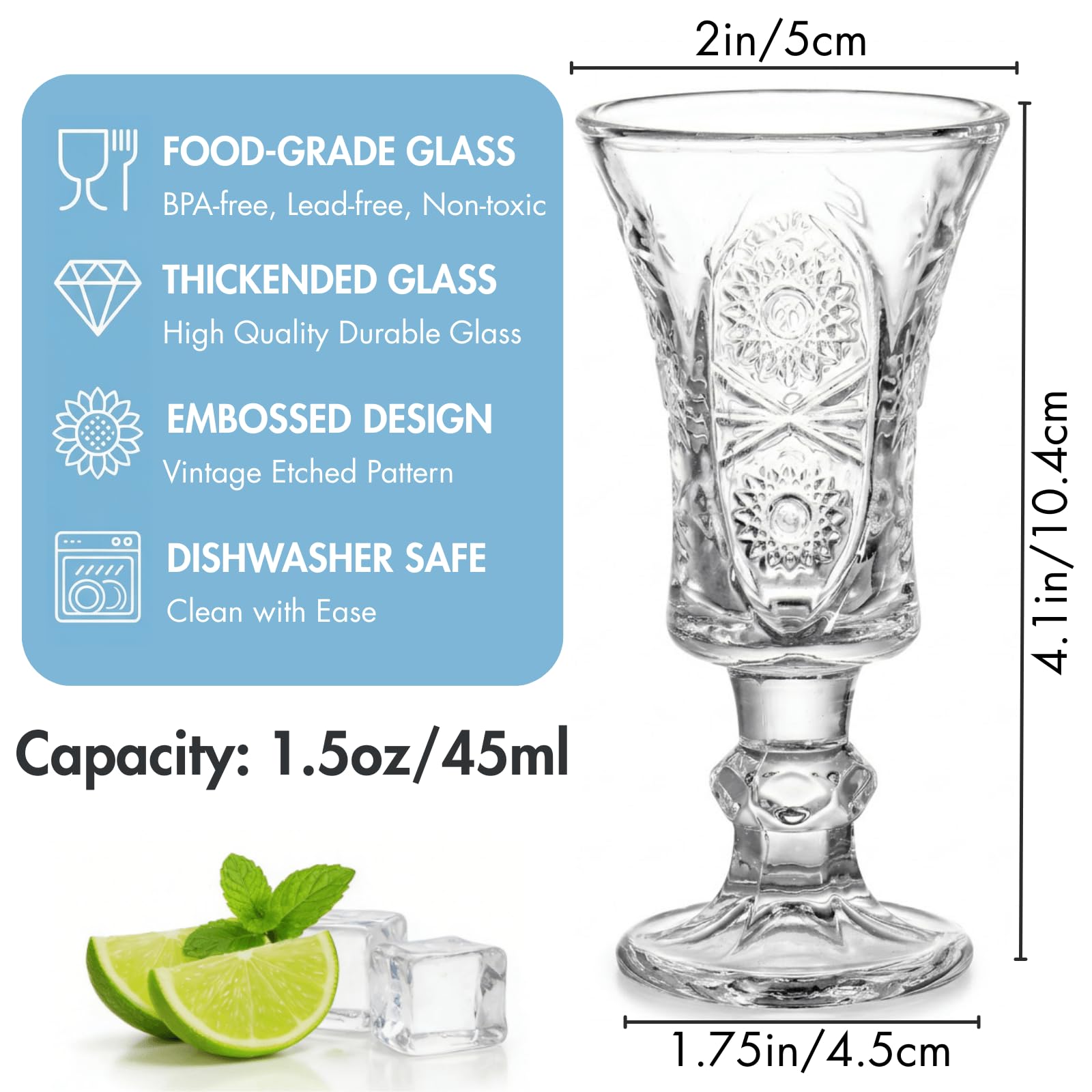 Youeon Juego de 12 vasos de chupito de 1.5 onzas, vasos de chupito de vidrio grabado con base pesada, vasos pequeños para tequila, whisky, vodka, licor, mini vasos cordiales para bar de fiesta