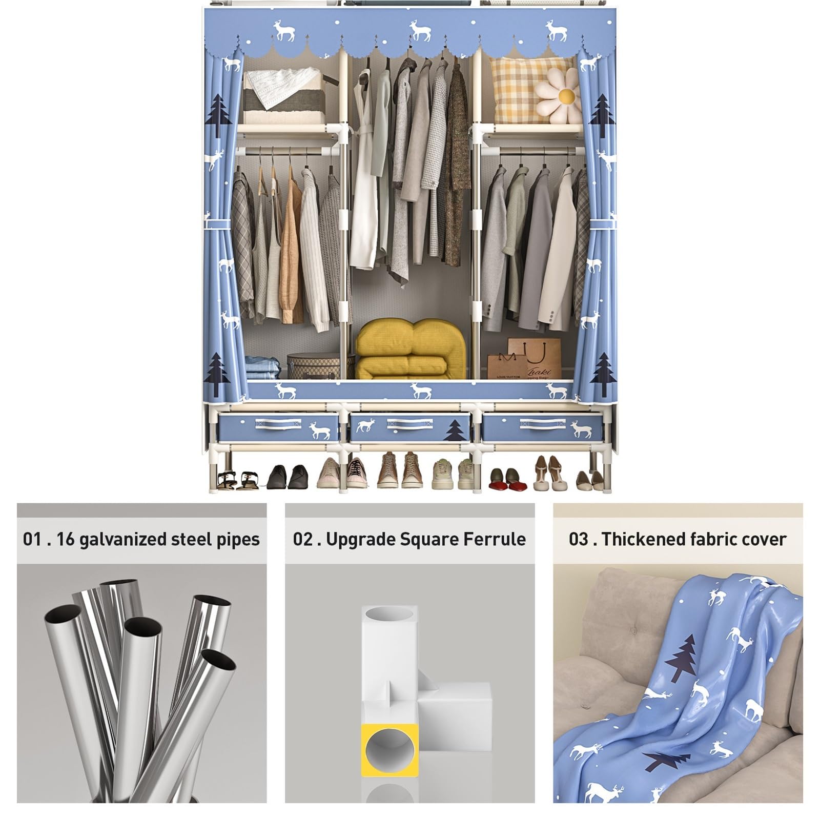 Leinwand-Kleiderschrank Platzsparender Kleiderschrank, tragbarer Kleiderorganizer mit großem Fassungsvermögen, ideal for Zuhause, Wohnheim und Vermietung(130cm Long Gray)